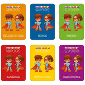 Pozitivity Szupererő kártyajáték – erények kártyák: Színes kártyák „Pozitivity Szupererő” felirattal, szuperhős fiú és lány figurákkal, különböző erények (bátorság, emberség, igazságosság) bemutatásával.