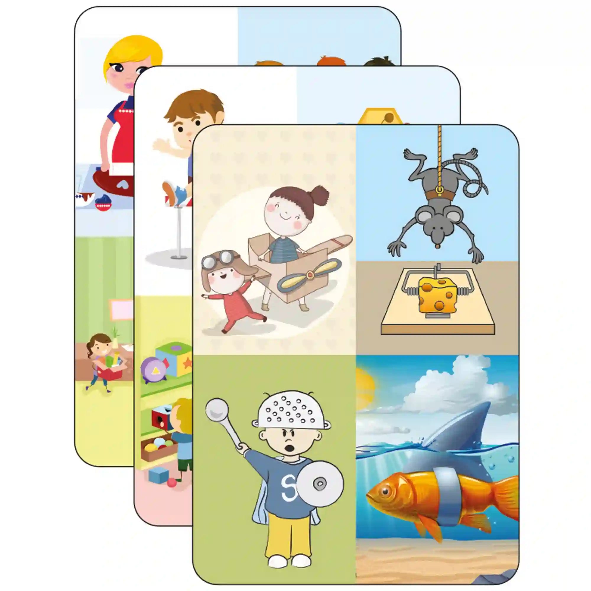 Pozitivity Szupererő kártyajáték – maxi kártyák: Nagyméretű kártyák különböző jelenetekkel, gyerekekkel, állatokkal és kreatív feladatokat illusztráló képekkel.