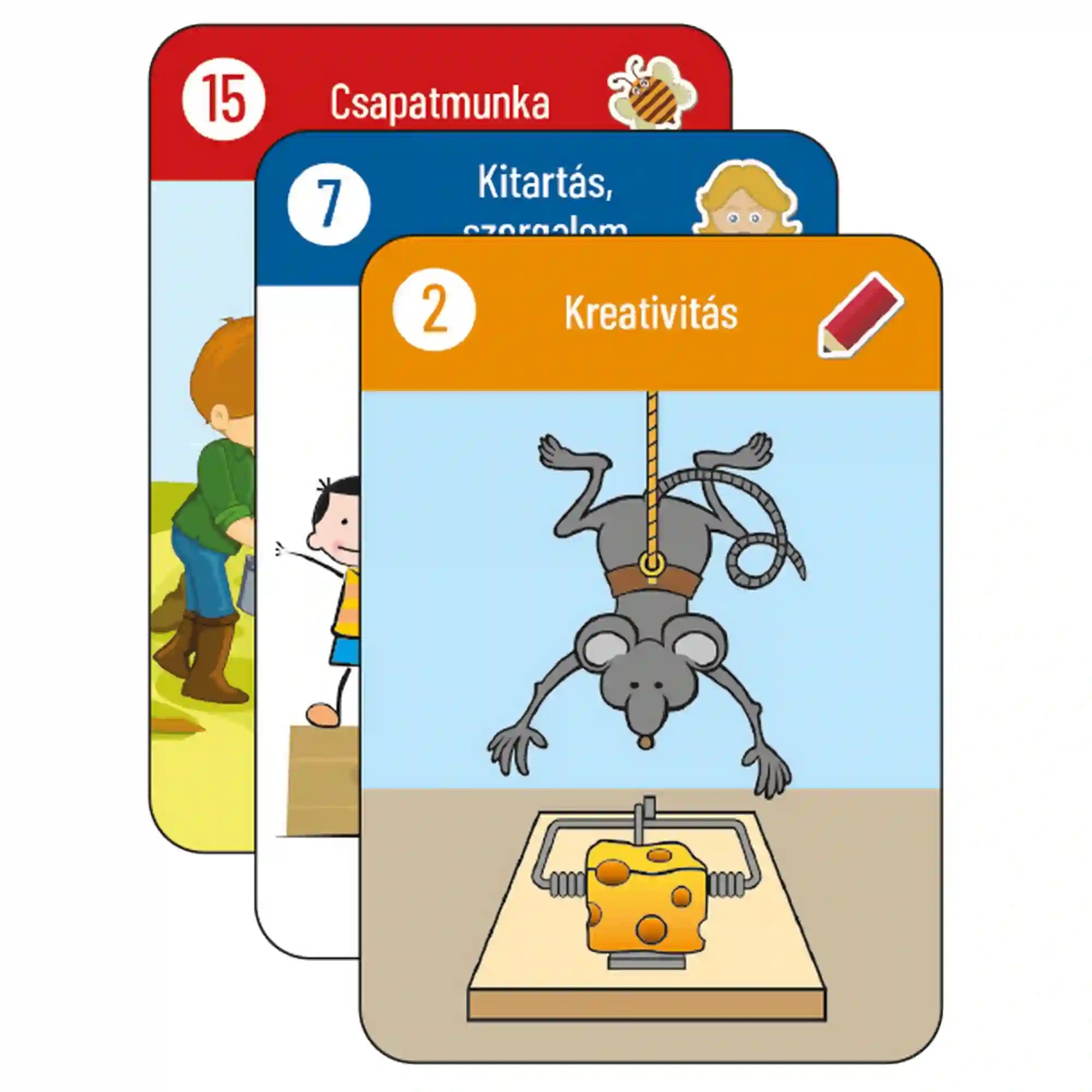 Pozitivity Szupererő kártyajáték – mini kártyák: Kisebb méretű kártyák különböző feladatokkal és illusztrációkkal, például kreativitás és csapatmunka témában.