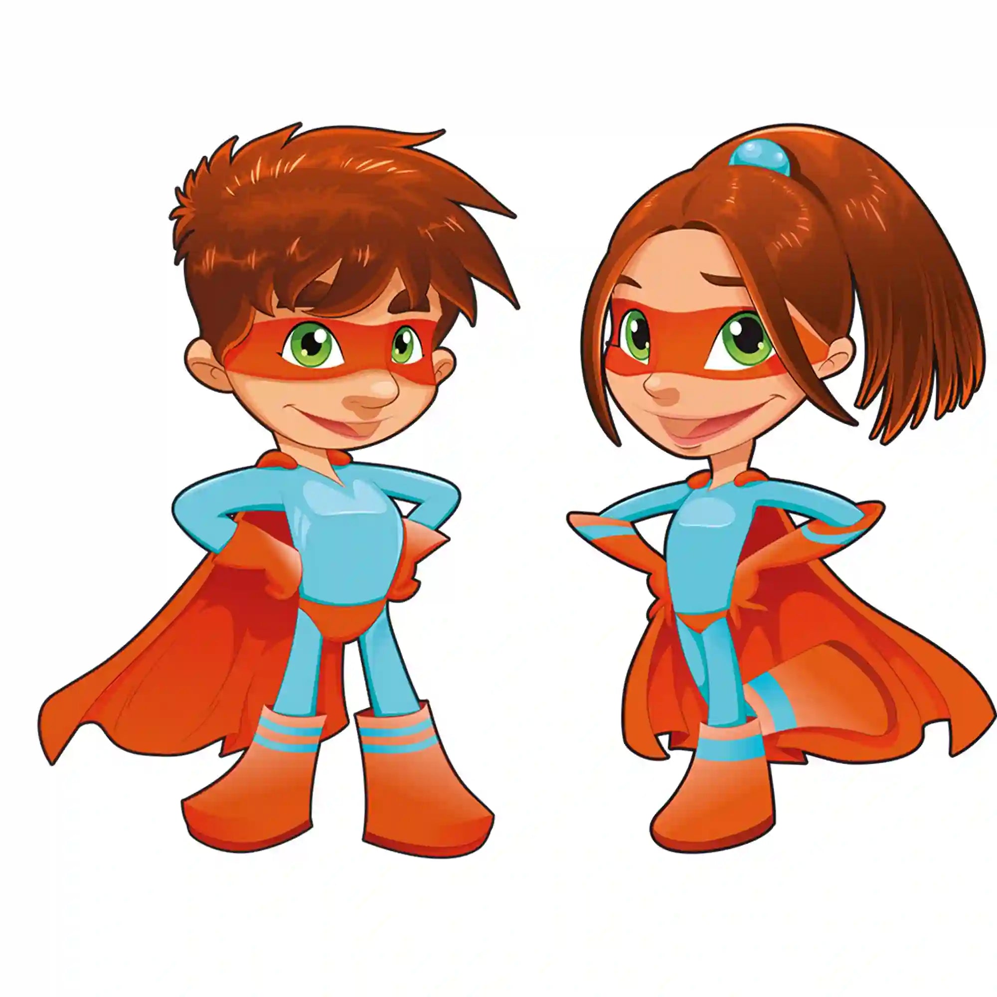 Pozitivity Szupererő kártyajáték – szuperhős figurák: Két rajzolt szuperhős gyerek, fiú és lány, köpenyben és maszkban, a játék karakterei.