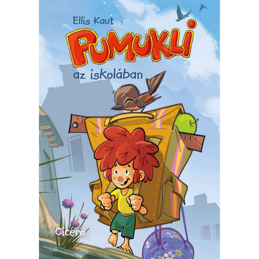 „A Pumukli az iskolában könyv borítója, rajta a vörös hajú Pumuklival, aki egy hatalmas, telepakolt iskolatáskával indul útnak, madárral és almával a háttérben.”