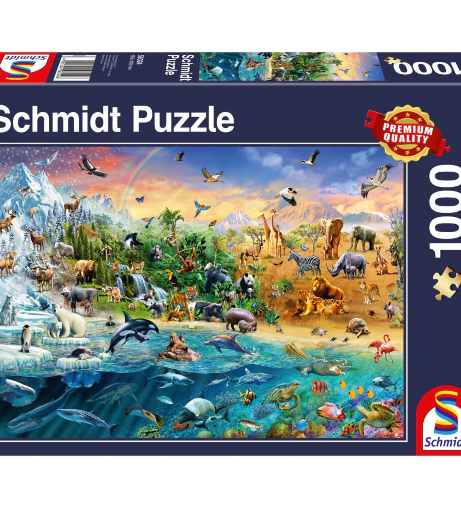 Schmidt Puzzle 1000 db – dobozkép, színes illusztrációval, amely a világ különböző élőhelyein élő állatokat ábrázolja szárazföldön, levegőben és víz alatt.
