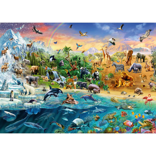 Schmidt Puzzle 1000 db – a kirakott puzzle képe, részletgazdag állatvilág-jelenettel tengeri, szárazföldi és sarkvidéki állatokkal egyetlen kompozícióban.