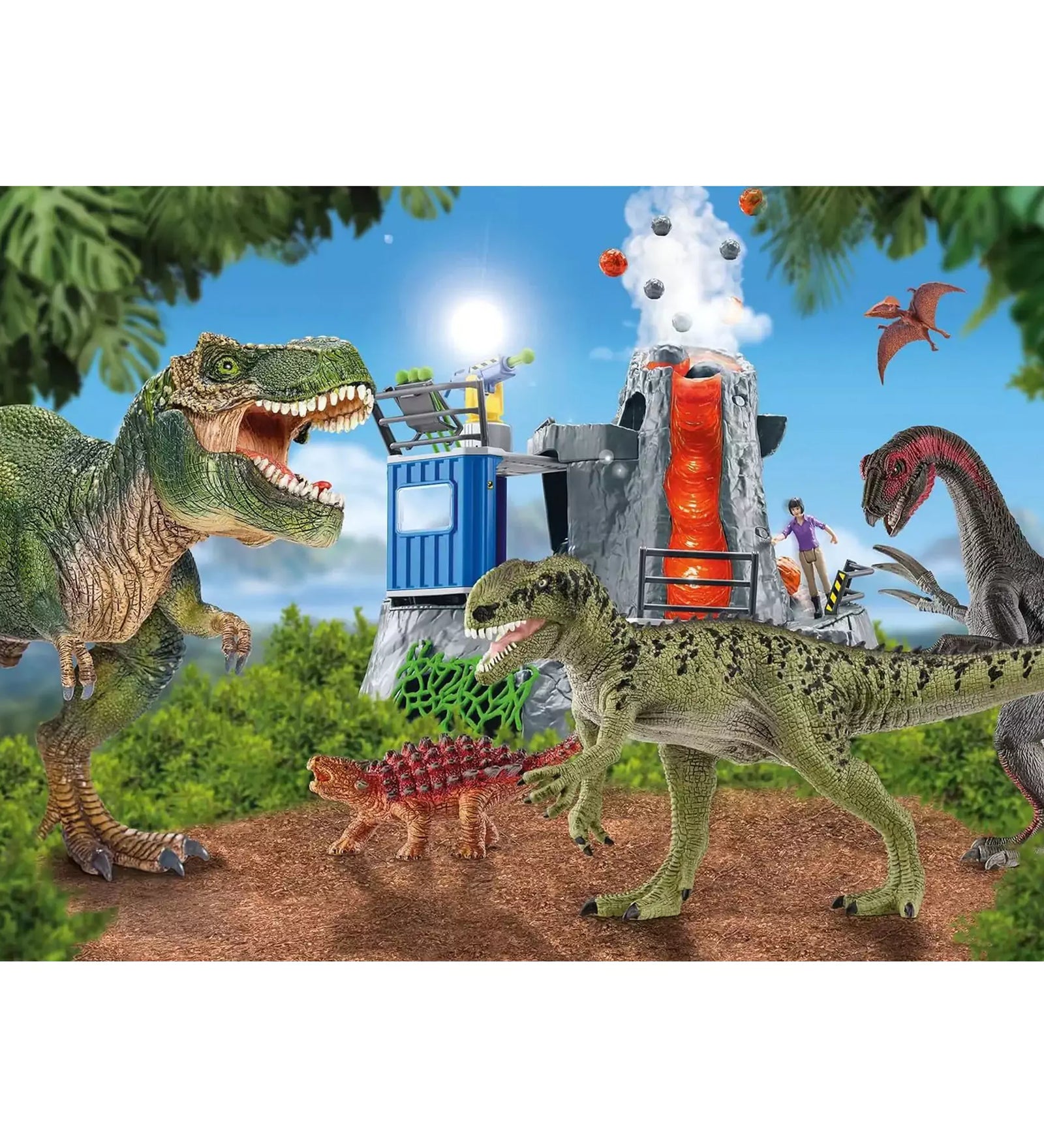 A képen egy izgalmas dinoszauruszos jelenet látható, amely egy vulkánkitörés közepén játszódik. A különböző dinoszauruszok – köztük egy T-Rex, egy Saichania és más ragadozók – életre kelnek a háttérben feltörő láva és a kutatóállomás mellett. Ez a jelenet a Schmidt 100 darabos, „Dinosaurs from Prehistoric Times” puzzle része, amely kalandos világot varázsol a gyerekek elé.