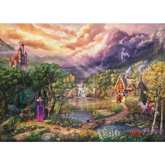 A Puzzle Schmidt Disney – Hófehérke és a királynő kirakott képe Thomas Kinkade stílusában, tündérmesei részletekkel.