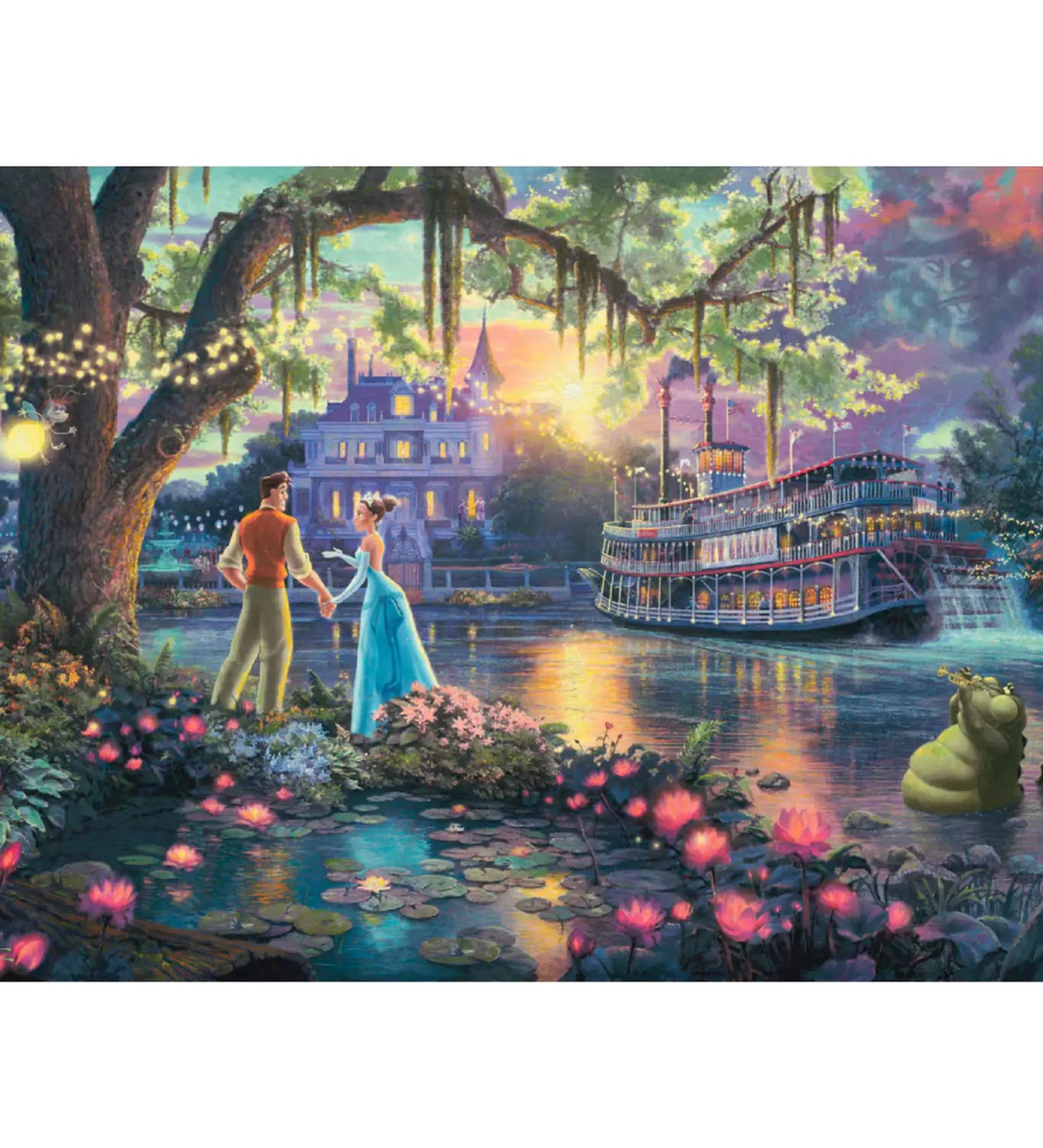 A képen a „Disney – A hercegnő és a béka” című mese egyik legvarázslatosabb jelenete látható Thomas Kinkade festő művészi ábrázolásában. A romantikus hangulatot a lótuszvirágokkal teli tó, a fákon pislákoló fények és a háttérben úszó díszes hajó teszi még különlegesebbé. Tiana és Naveen herceg kéz a kézben állnak a vízparton, miközben a háttérben Louis, a krokodil zenél – minden részlet egy mesebeli világba repít.