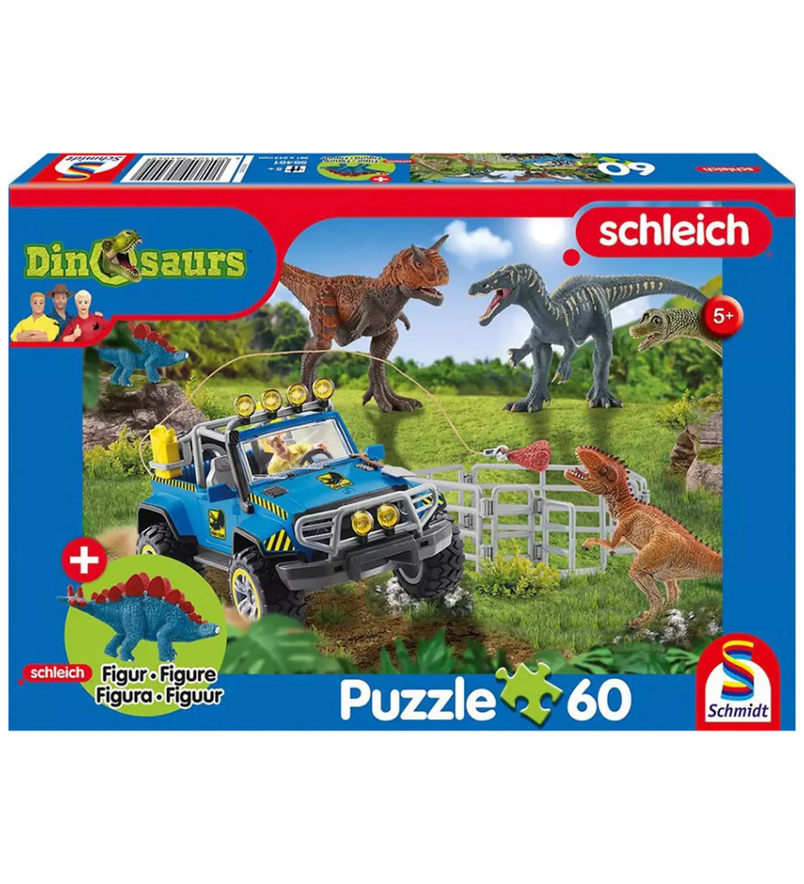 A képen a Schmidt 60 darabos dinoszauruszos puzzle-ja látható, amely egy izgalmas őskori jelenetet ábrázol terepjáróval és különféle dinoszauruszokkal. A csomag tartalmaz egy aranyos Stegosaurus figurát is, így a kirakás élménye még szórakoztatóbbá válik a gyerekek számára.