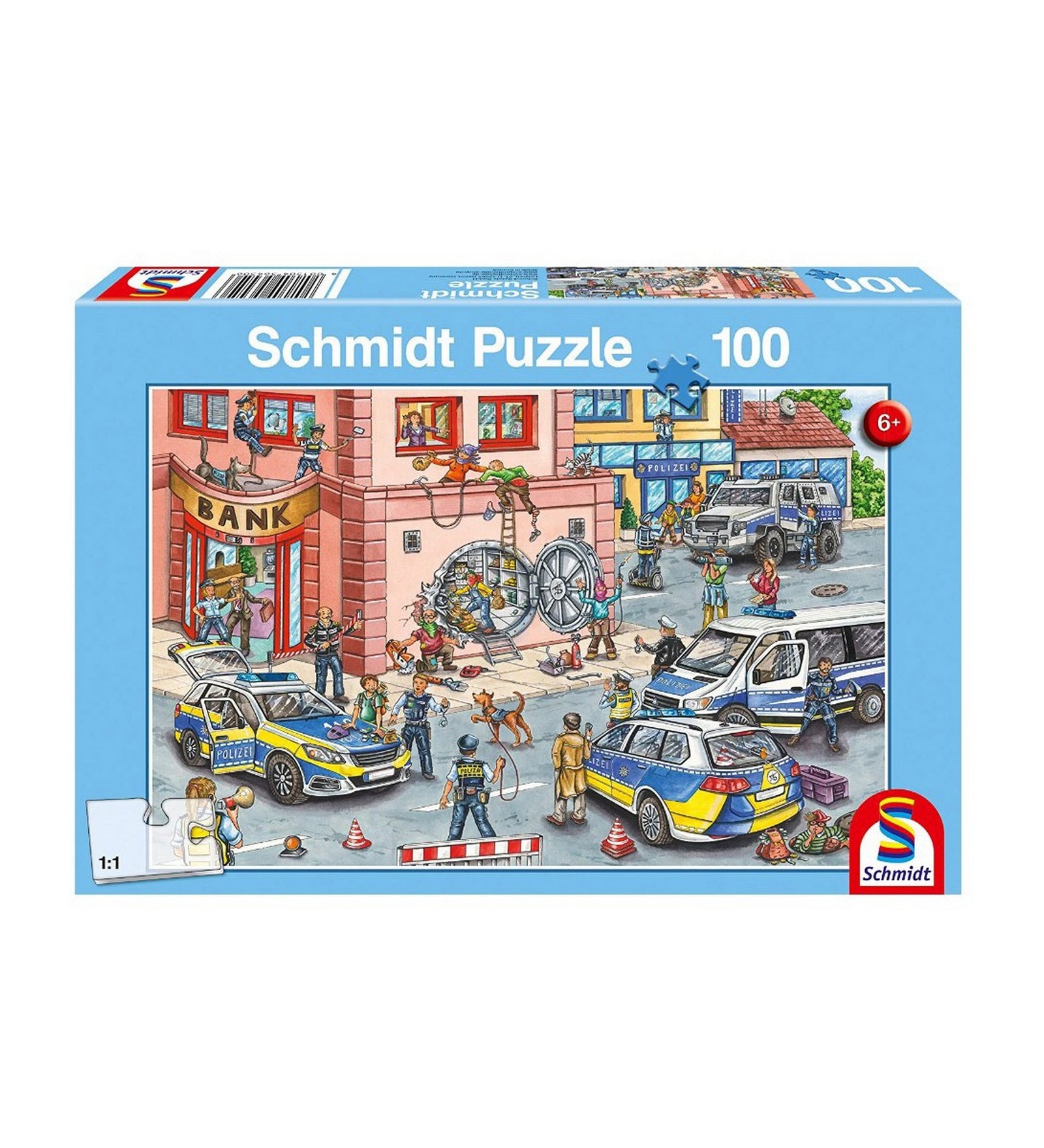 Schmidt Puzzle Police Operation 100 darabos kirakó doboza, amelyen a bankrablást megjelenítő mozgalmas rendőrségi akció látható, 6 éves kortól ajánlott, Schmidt márkajelzéssel.