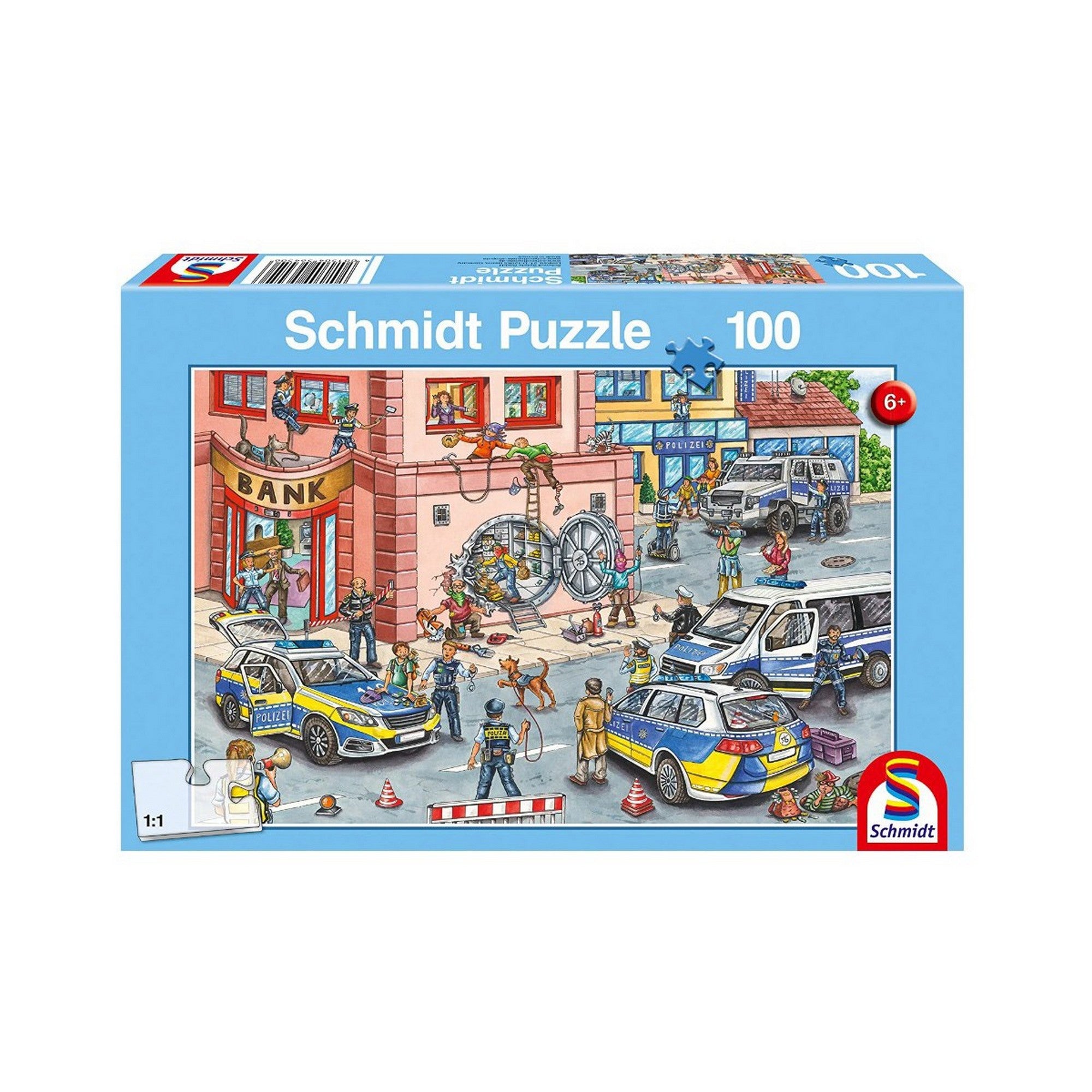 Schmidt Puzzle Police Operation 100 darabos kirakó doboza, amelyen a bankrablást megjelenítő mozgalmas rendőrségi akció látható, 6 éves kortól ajánlott, Schmidt márkajelzéssel.