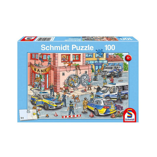 Schmidt Puzzle Police Operation 100 darabos kirakó doboza, amelyen a bankrablást megjelenítő mozgalmas rendőrségi akció látható, 6 éves kortól ajánlott, Schmidt márkajelzéssel.