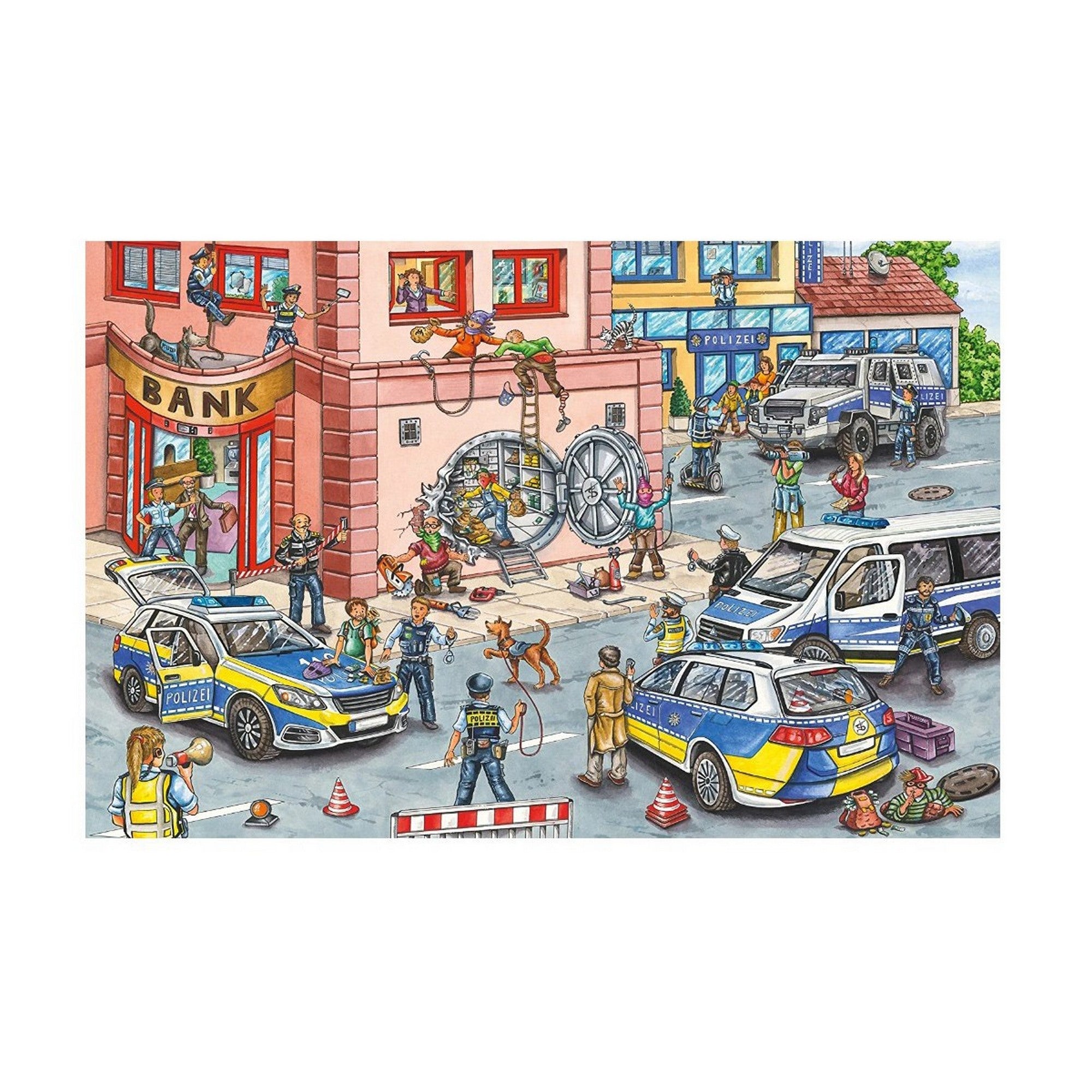 Schmidt Puzzle Police Operation 100 darabos kirakó részletgazdag jelenettel, ahol a rendőrök bankrablás közben intézkednek, rendőrautók, páncélozott jármű és nyitott trezor látható a városi utcán.