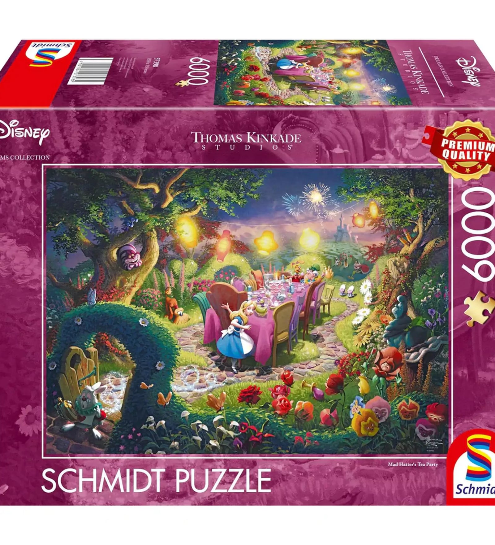A képen a Schmidt Puzzle - Mad Hatter's Tea Party (6000 darabos) doboza látható, amely a Thomas Kinkade Studios varázslatos Disney kollekciójához tartozik. A dobozon Alice Csodaországban híres jelenete elevenedik meg a Bolond Kalapos teadélutánjával, színes és részletgazdag illusztrációval.