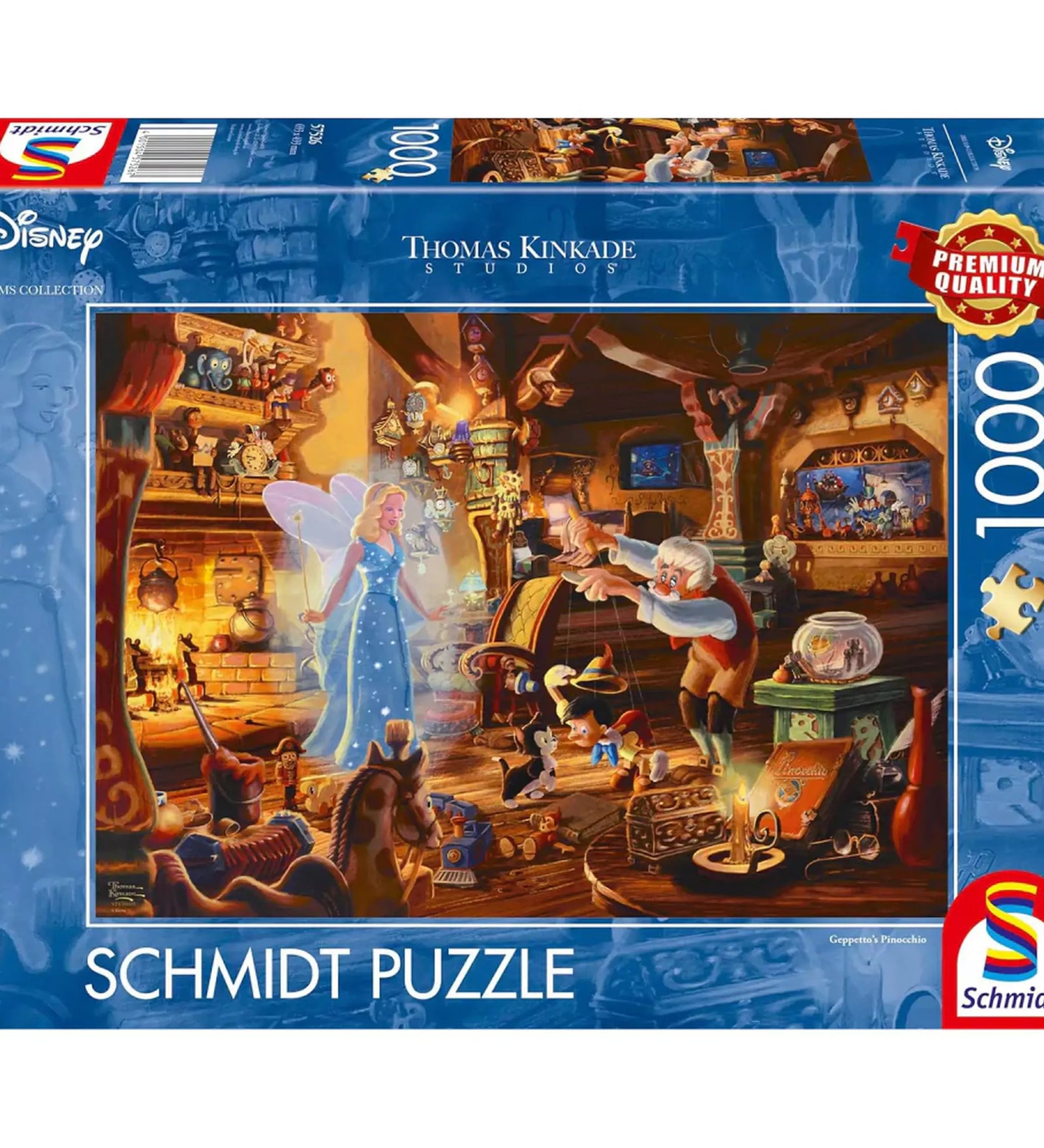 A képen a Schmidt Thomas Kinkade Disney Pinokkió 1000 darabos puzzle doboza látható. A borítón Dzsepettó műhelyének varázslatos jelenete elevenedik meg, ahol a Kék Tündér épp életre kelti Pinokkiót. A részletgazdag illusztráció mesés hangulatot áraszt, tökéletes választás minden Disney-rajongónak és puzzle-kedvelőnek.