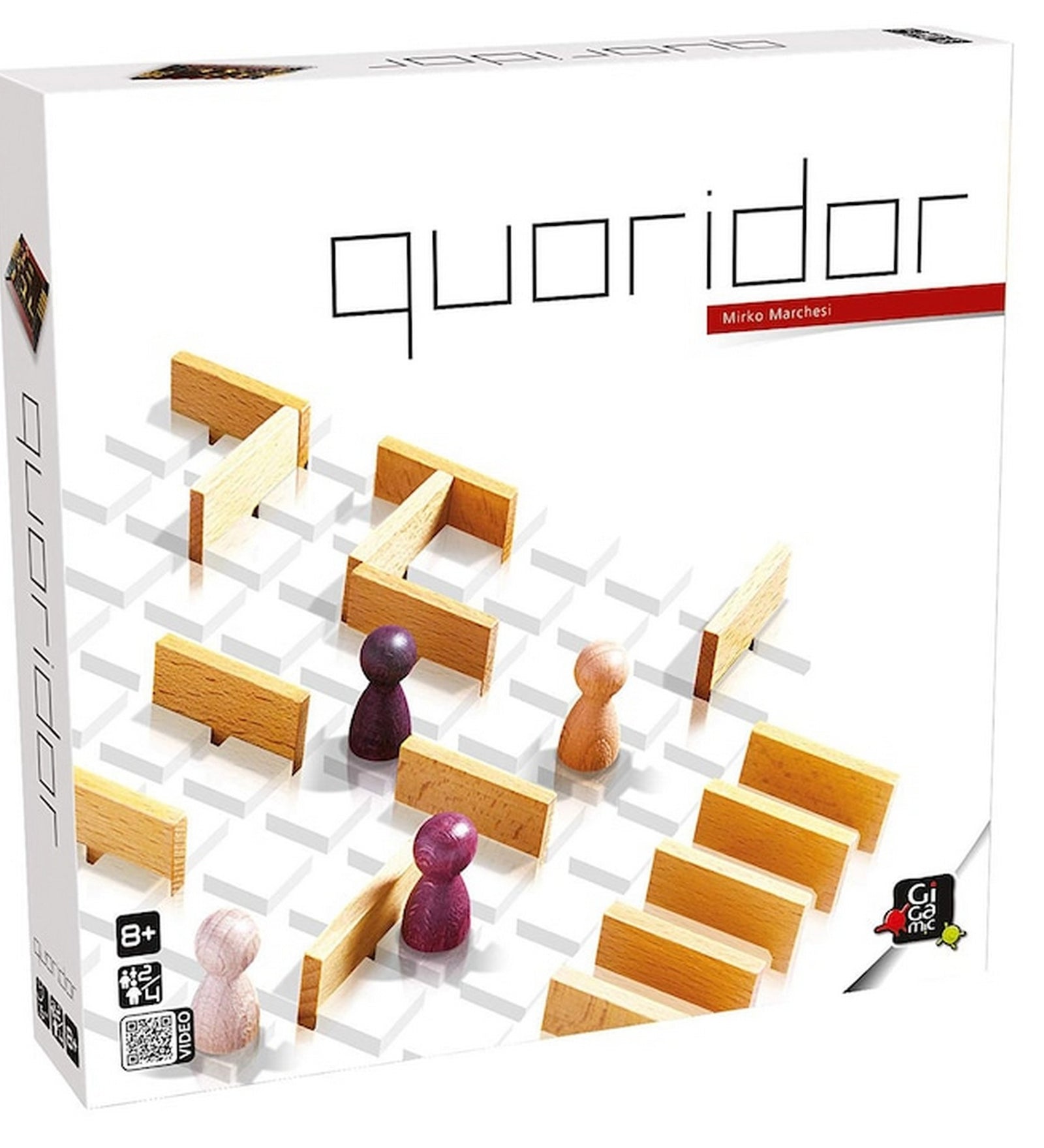 Quoridor társasjáték doboza a játékelemek illusztrációjával, fa figurákkal és falakkal.