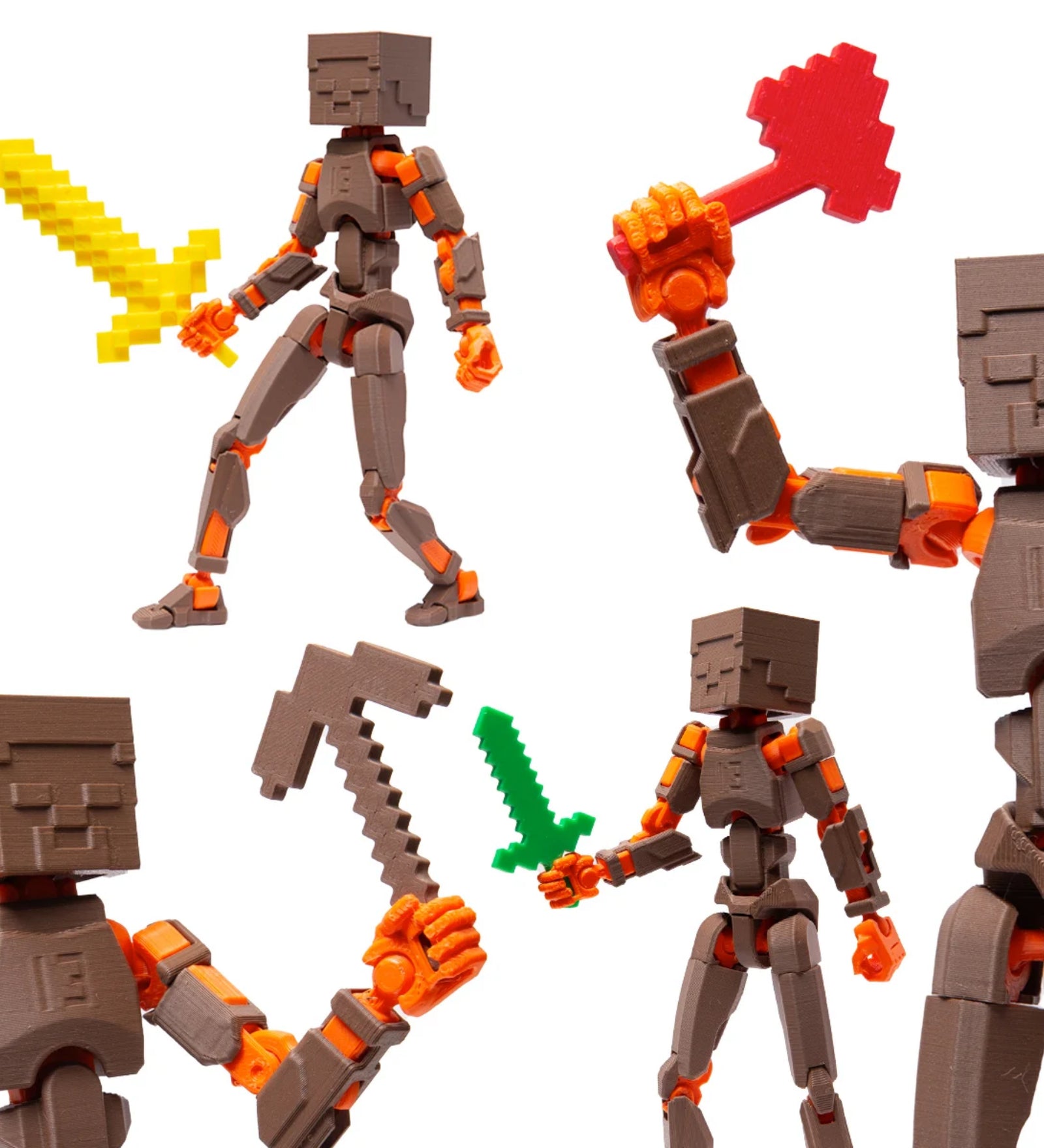 Minecraft-stílusú, 3D nyomtatott akciófigura különböző pózokban, különféle fegyverekkel.