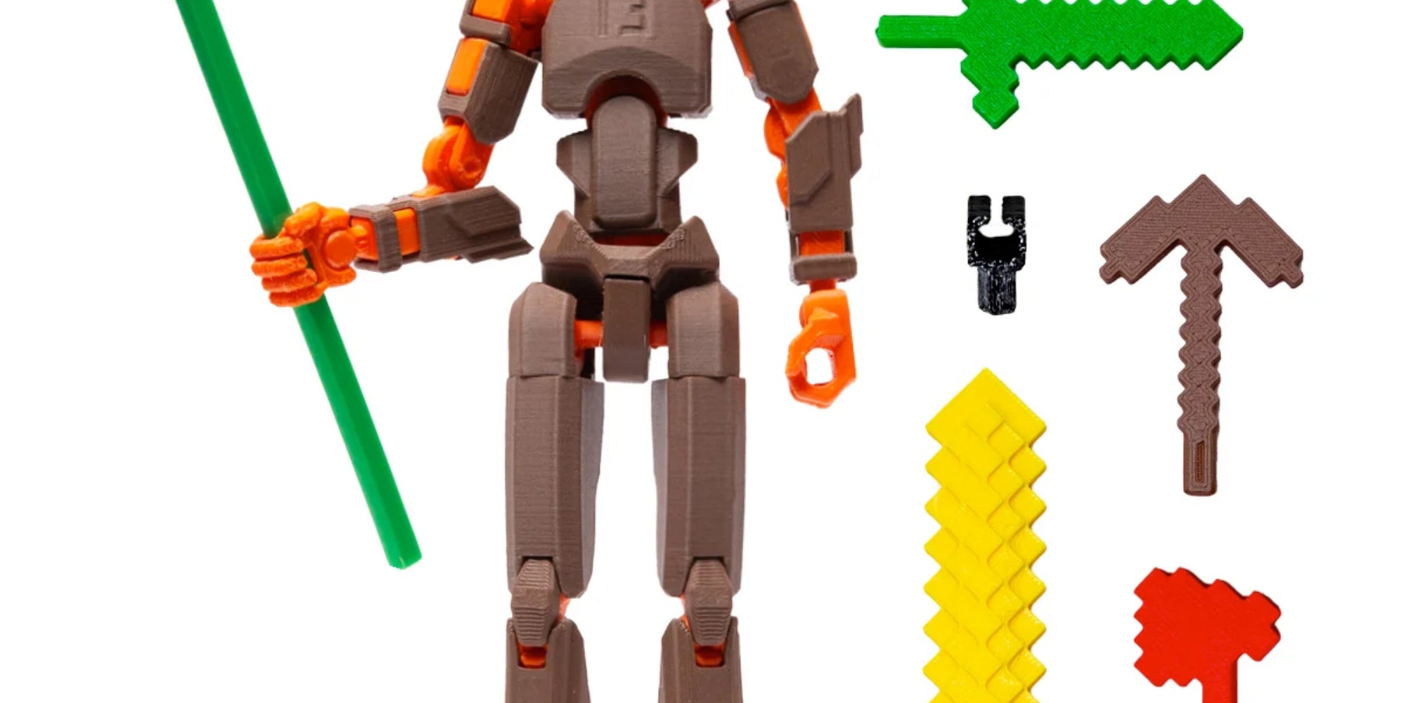 R13 robotfigura kiegészítőkkel, köztük cserélhető kezekkel, kardokkal és egy vasvillával.
