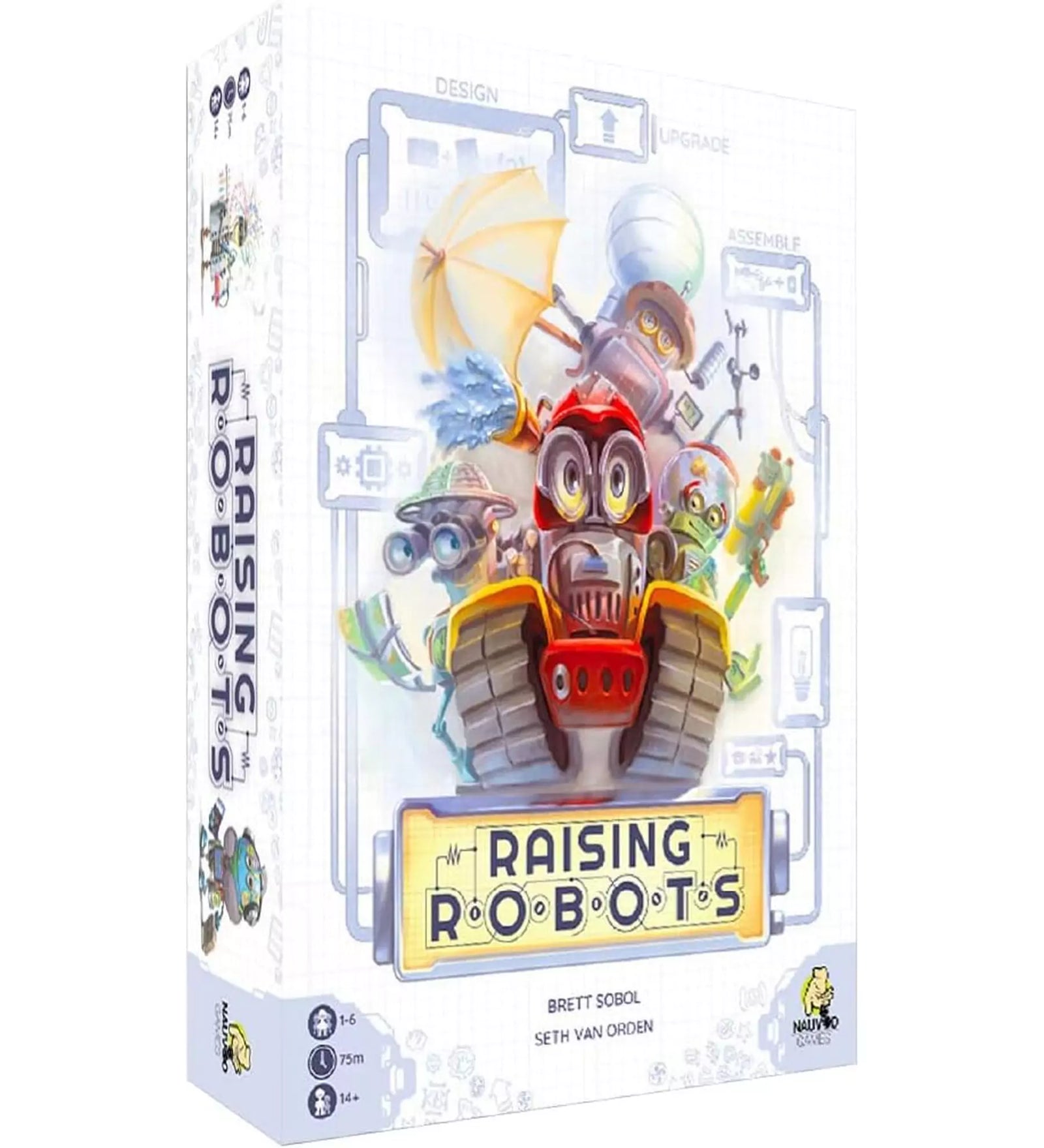 A képen a Raising Robots társasjáték doboza látható. A borítón különböző egyedi és kreatív robotok szerepelnek, amelyeket a játékosok építhetnek és fejleszthetnek. A játék logója futurisztikus dizájnnal jelenik meg, miközben a háttérben műszaki rajzok és tervvázlatok láthatók. A doboz jelzi, hogy a játék 1-6 játékos számára, 14 éves kortól ajánlott, és egy játék körülbelül 75 percig tart.