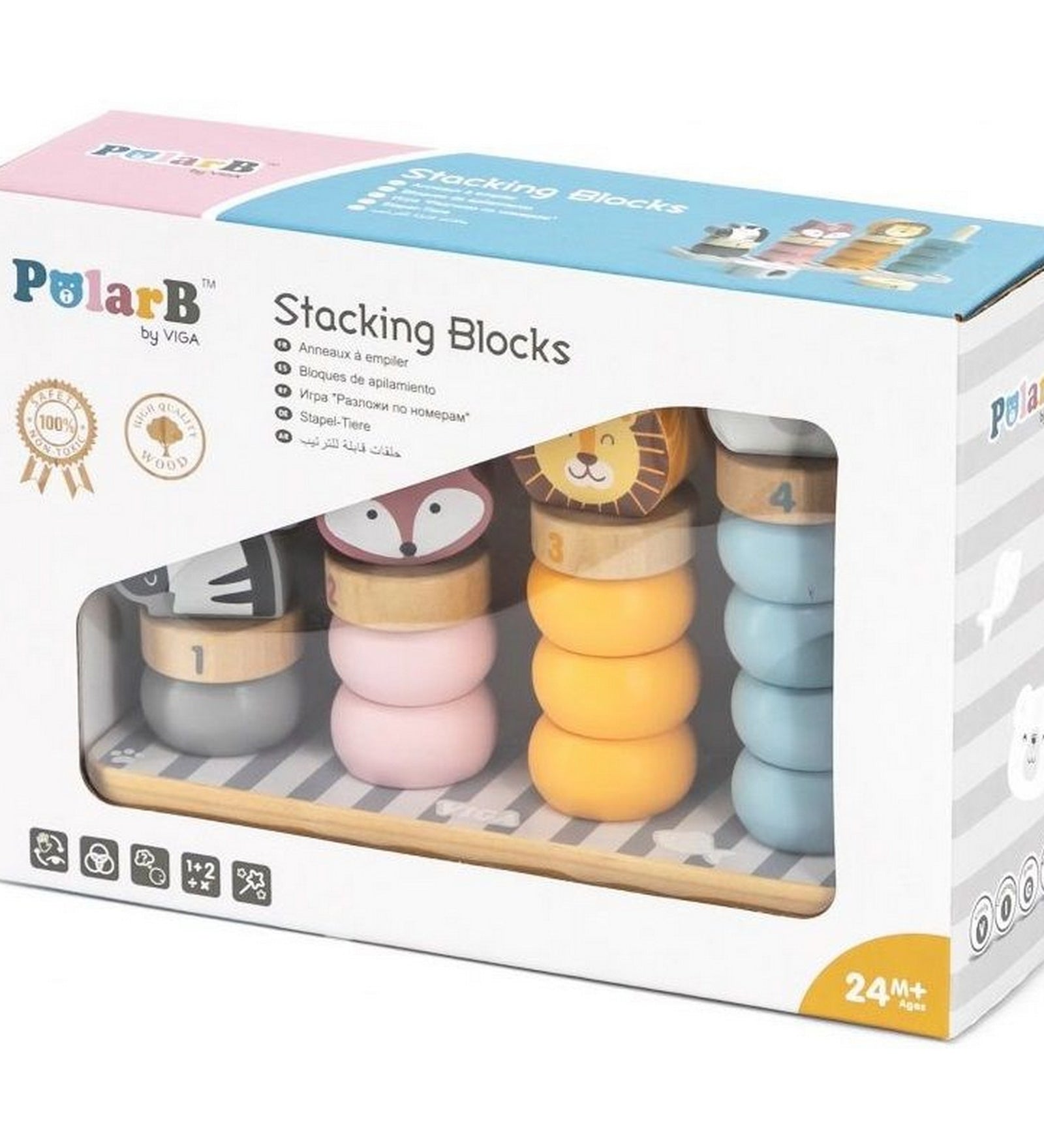 PolarB Stacking Blocks by Viga – a játék doboza elölről, benne a számozott gyűrűkkel és állatfigurákkal ellátott fa rakosgató.