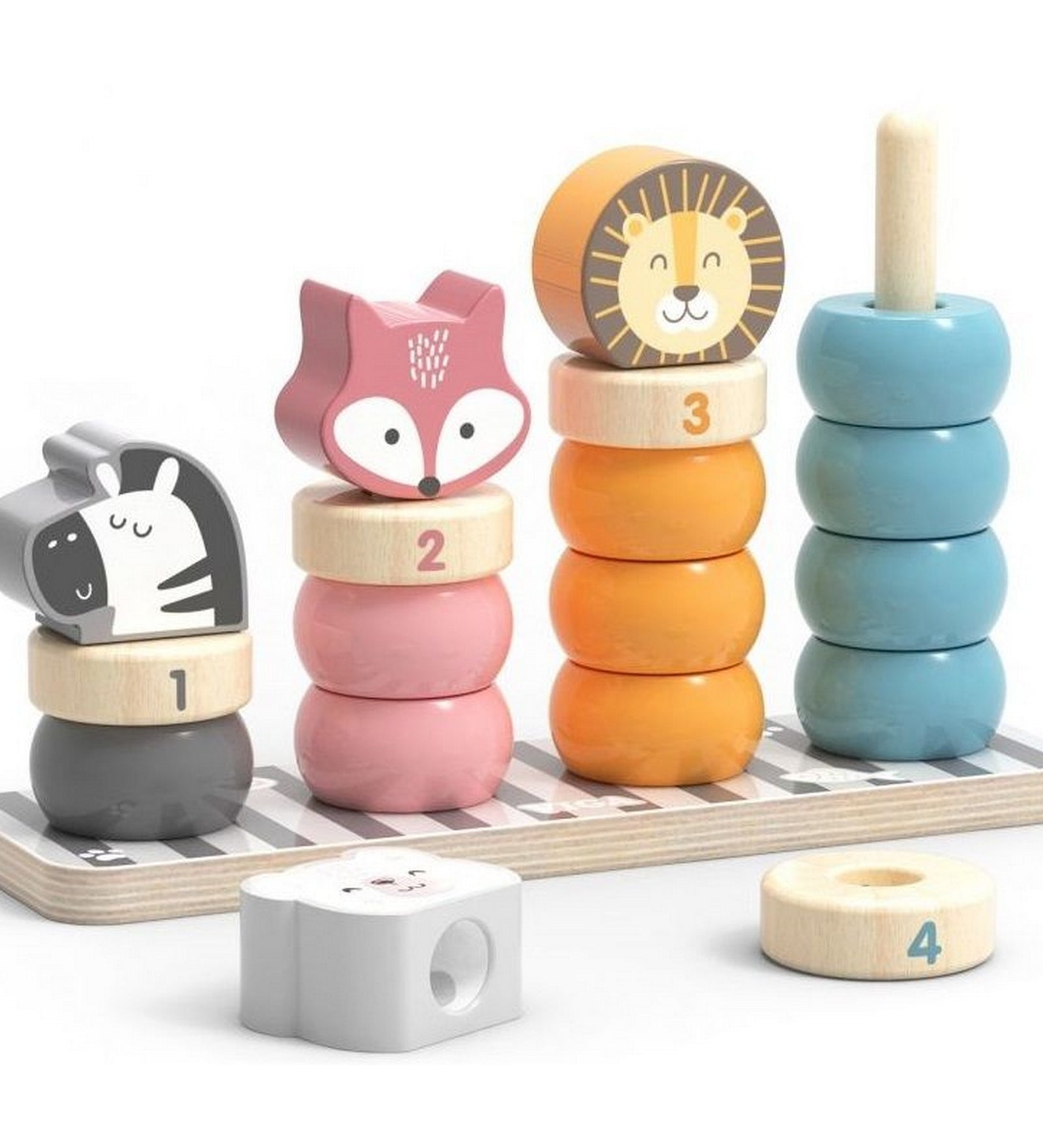 PolarB Stacking Blocks by Viga – fa rakosgatós játék állatos elemekkel, számozott gyűrűkkel és zebrával, rókával, oroszlánnal, jegesmedvével.