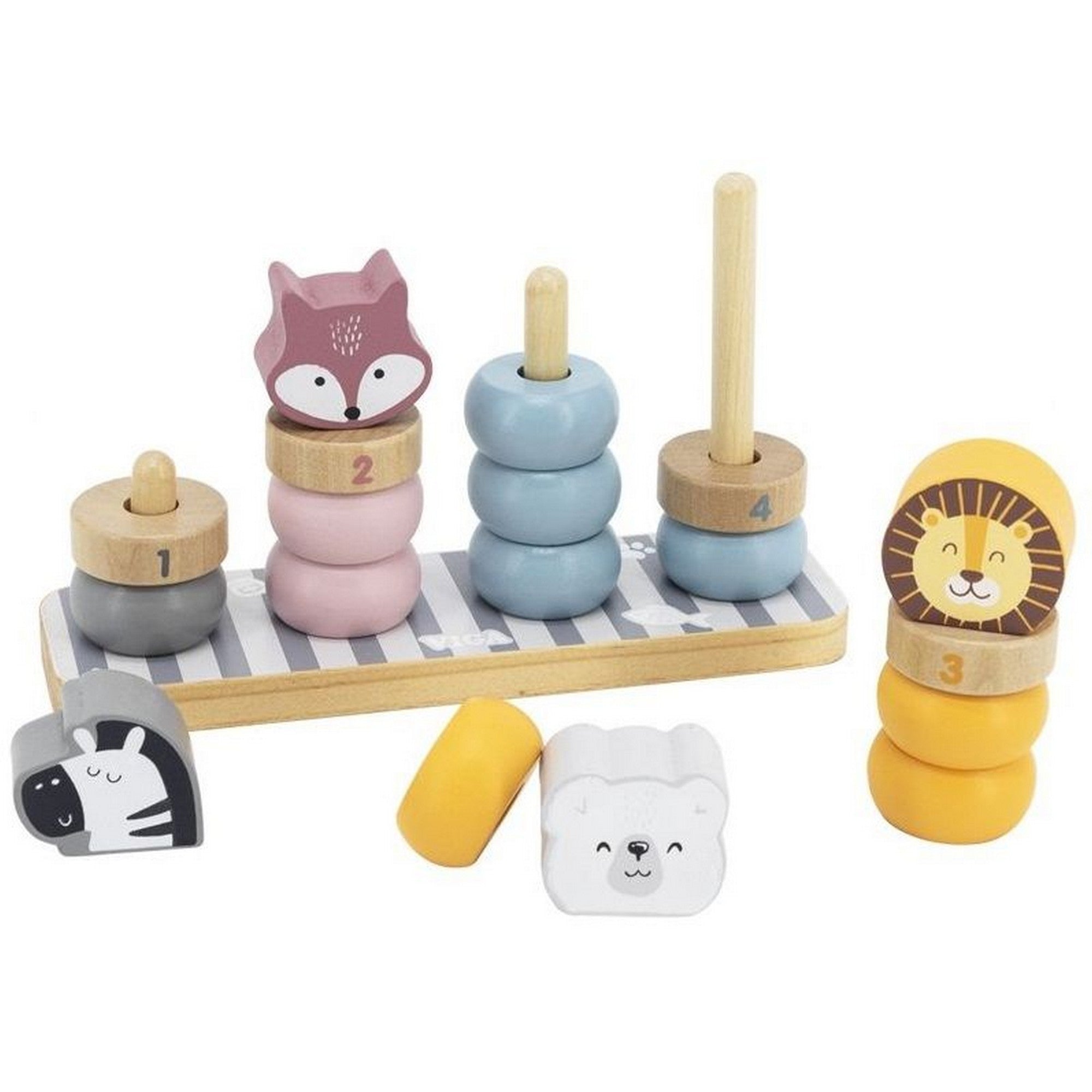PolarB Stacking Blocks by Viga – szétszedett rakosgatós játék elemekkel: színes gyűrűk, állatfejek és fa rudak.