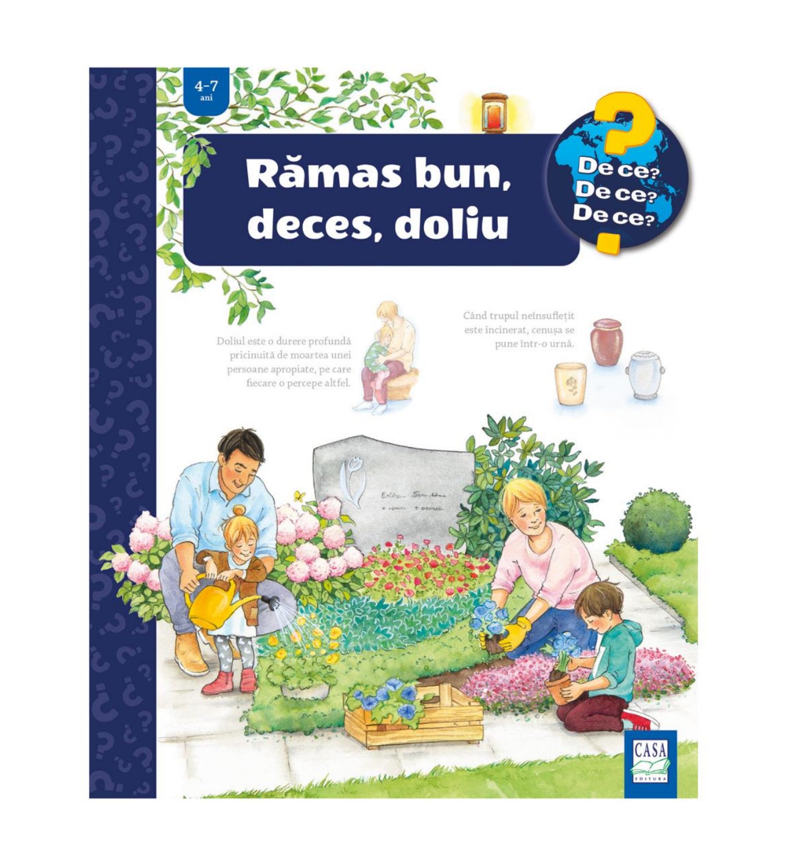 „Rămas bun, deces, doliu” gyerekkönyv borítója, amelyen egy család temetőben gyászol, virágokat ültetve és gyertyát gyújtva egy sírkő mellett.