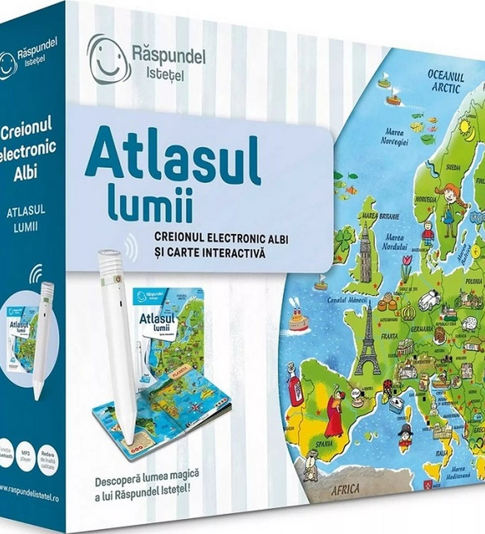 Răspundel Istetel – Atlasul lumii doboz színes világtérkép illusztrációval és interaktív tollal.