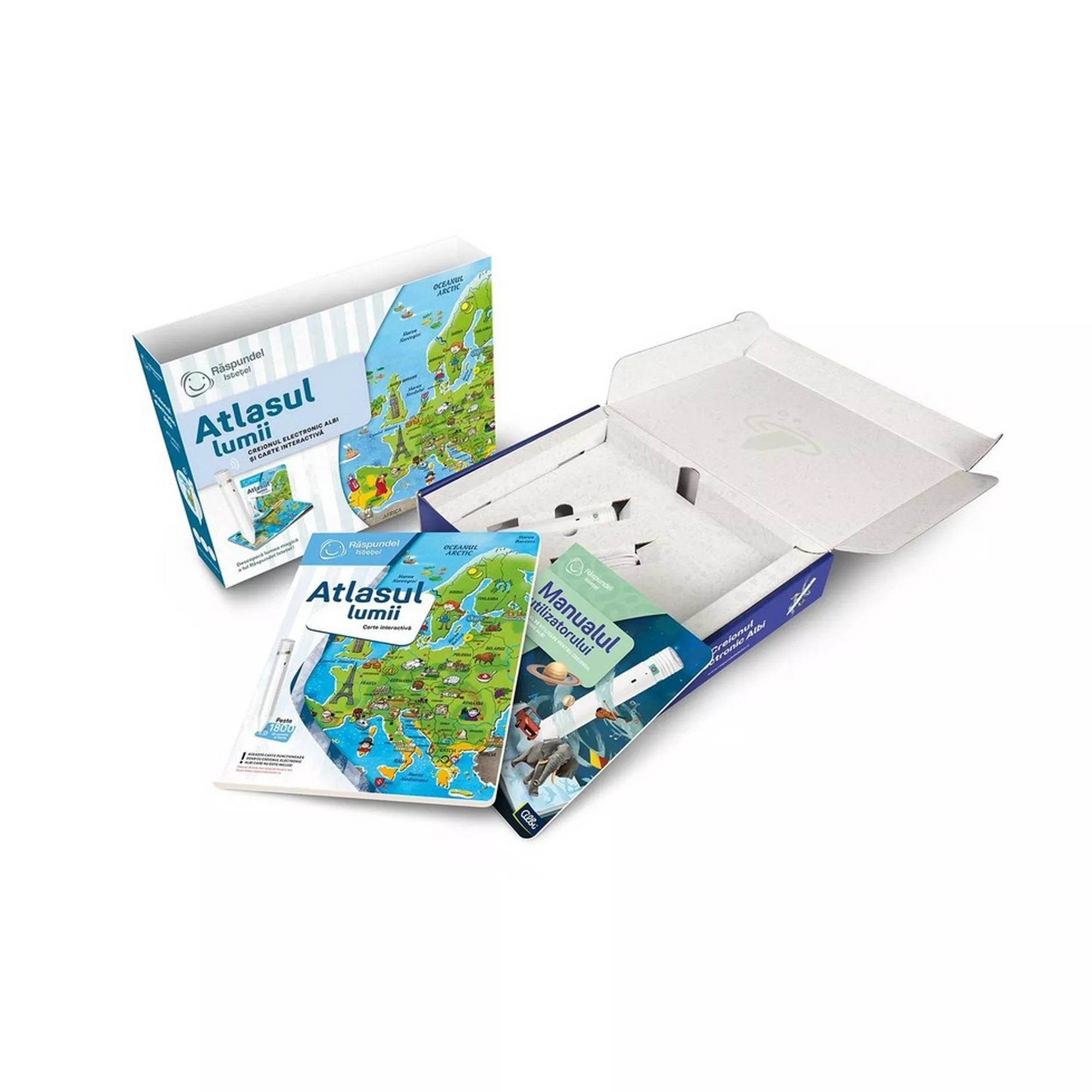 A Răspundel Istetel – Atlasul lumii készlet tartalma: könyv, Albi toll és kézikönyv.