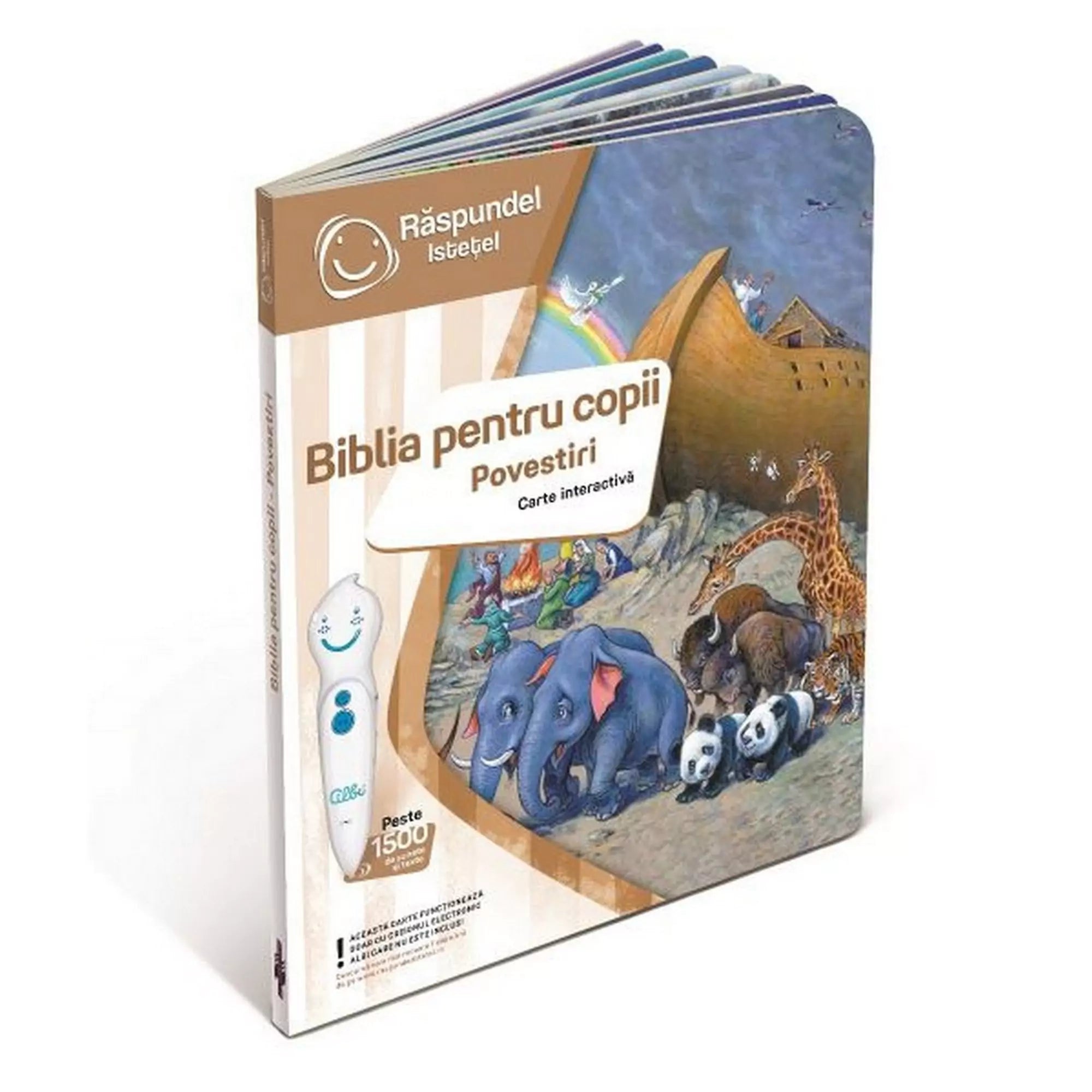 Răspundel Istețel Biblia pentru copii: Povestiri román nyelvű interaktív könyv borítója, színes illusztrációkkal.