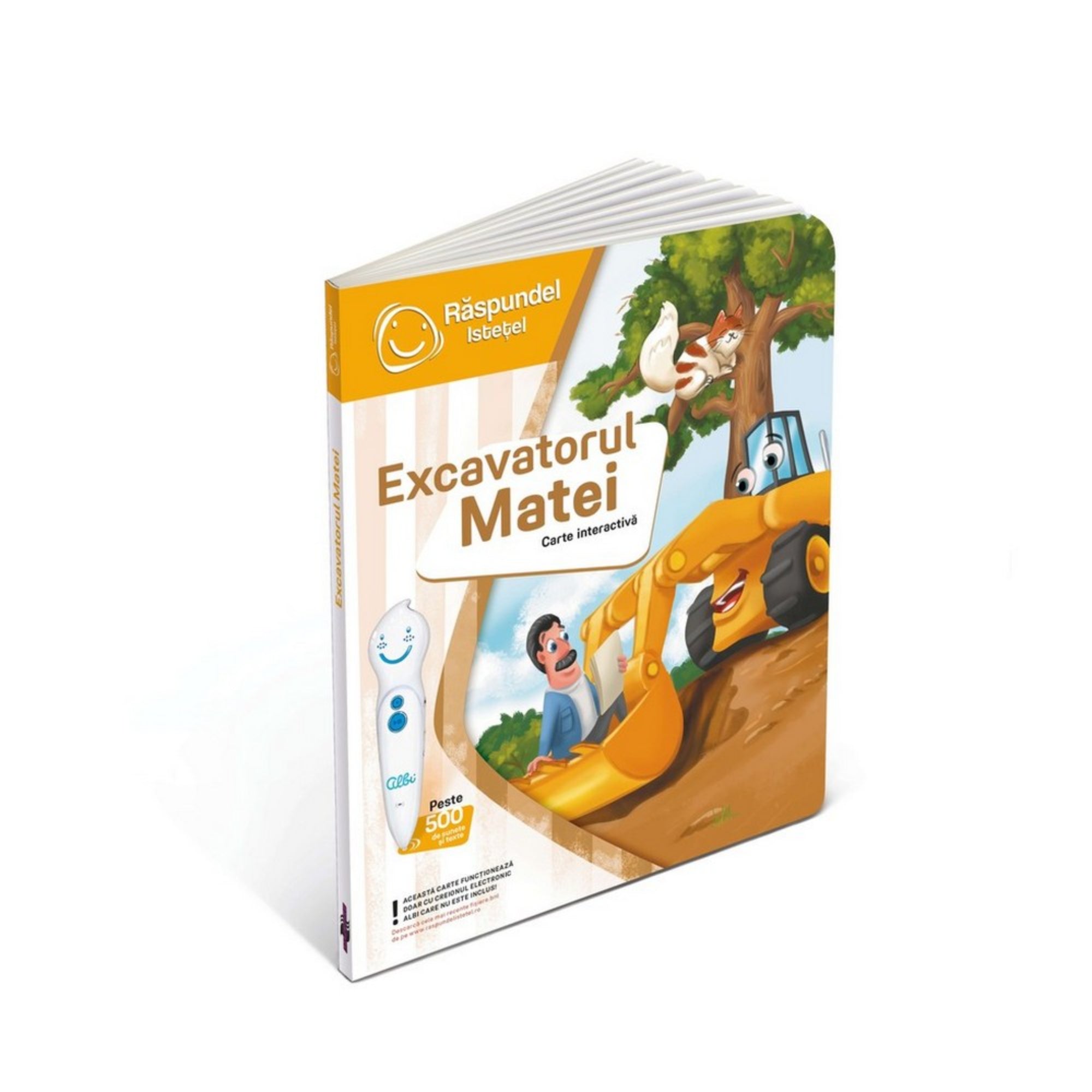 Răspundel Istetel – Excavatorul Matei könyv nyitva: A Răspundel Istetel „Excavatorul Matei” interaktív könyv nyitott állapotban, színes illusztrációkkal építkezésről, teherautókról és munkagépekről.