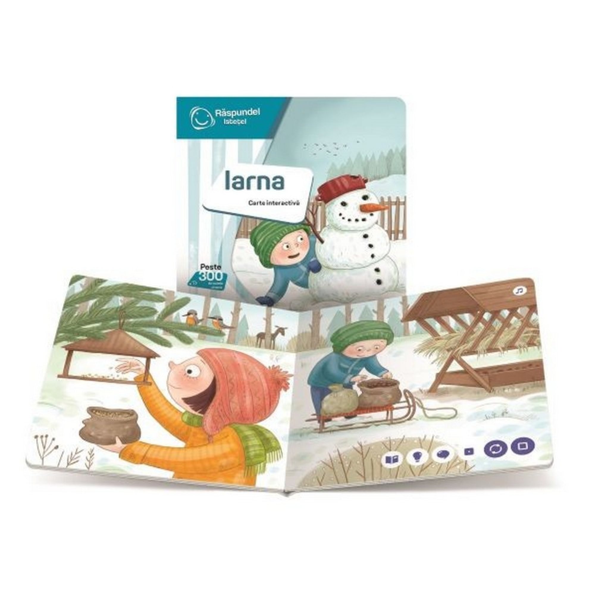 Răspundel Istetel – Iarna könyv belső oldalak: A könyv nyitott állapotban látható, illusztrált téli jelenetekkel, gyerekekkel, akik madarakat etetnek és hóban játszanak.