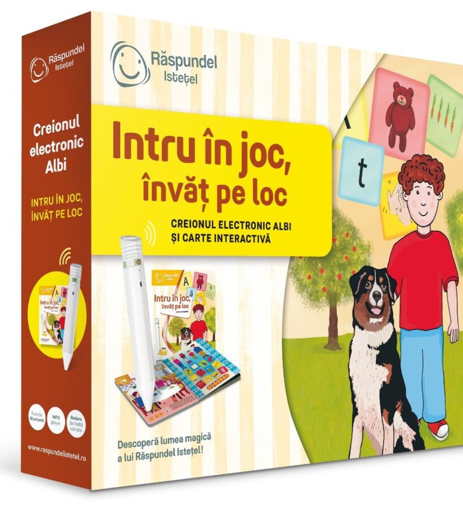 Răspundel Istetul – Intru în joc, învăț pe loc doboz – Az interaktív tanulókészlet doboza, rajta egy kisfiúval és kutyájával, valamint az elektronikus Albi tollal és a színes tanulókönyvvel.