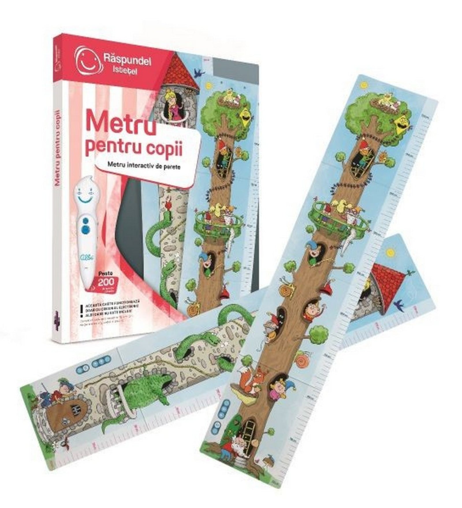 Răspundel Istetel – Metru pentru copii mérőszalag és csomagolása: A Răspundel Istetel „Metru pentru copii” interaktív falimérő kicsomagolva és a csomagolás mellett, rajzfilmhősökkel és vidám jelenetekkel illusztrálva.