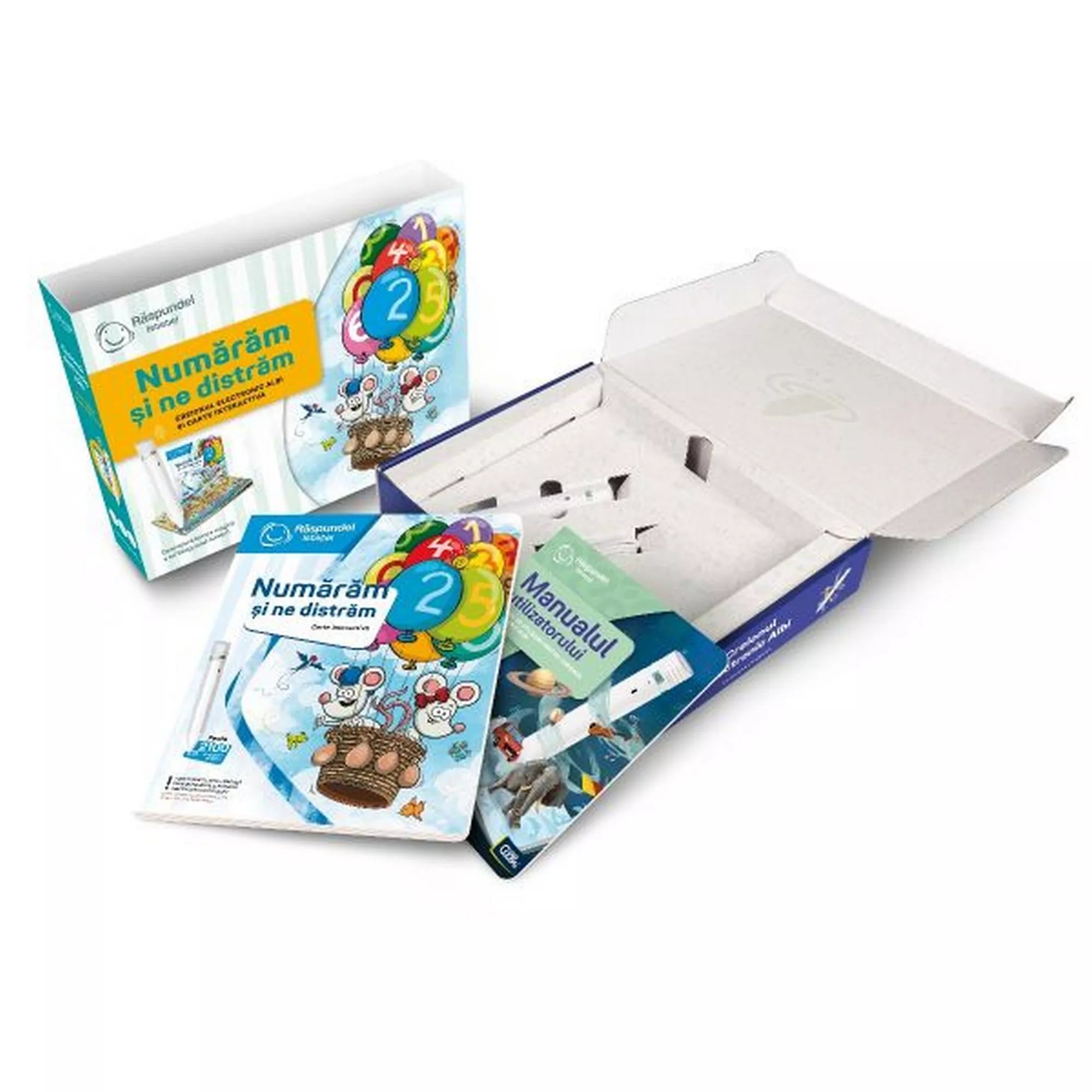 A Răspundel Istetel – Numărăm și ne distrăm készlet tartalma: könyv, Albi toll és útmutató.