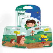 A „Poezii – Rime mici pentru pici” interaktív könyv nyitott állapotban látható, kétoldalas illusztrációval. A színes oldalakon egy süncsalád és egy sárga kiskacsa jelenik meg vidám, tavaszi tájon, szélmalommal és fákkal a háttérben. A képek mellett rövid, rímes versek olvashatók, a könyv hátulján pedig a borító is látszik.