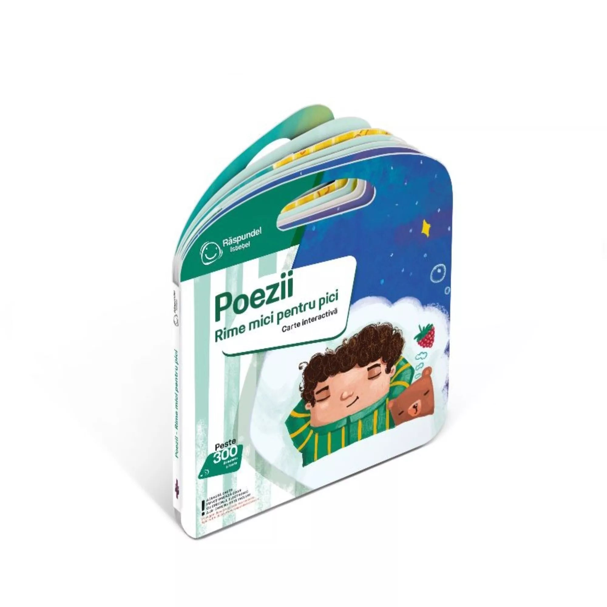 A „Poezii – Rime mici pentru pici” című interaktív gyermekkönyv ferde nézetben látható. A Răspundel Istetel sorozat részeként megjelent könyv színes borítója egy alvó kisfiút és egy mackót ábrázol csillagokkal és felhőkkel. A borítón feltüntetett felirat jelzi, hogy a könyv több mint 300 interaktív pontot tartalmaz.