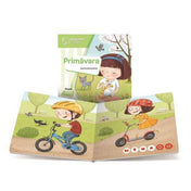 Răspundel Istetel – Primăvara könyv belső oldalak: A nyitott könyvben tavaszi jelenetek láthatók, gyerekek bicikliznek és rollereznek zöld parkban, napos időben.