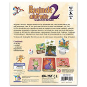Reginele adormite 2: Salvați regii! társasjáték dobozának hátoldala román nyelvű játékleírással, a játék tartalmának felsorolásával és a színes kártyák, dobókocka és egyéb játékelemek képeivel.