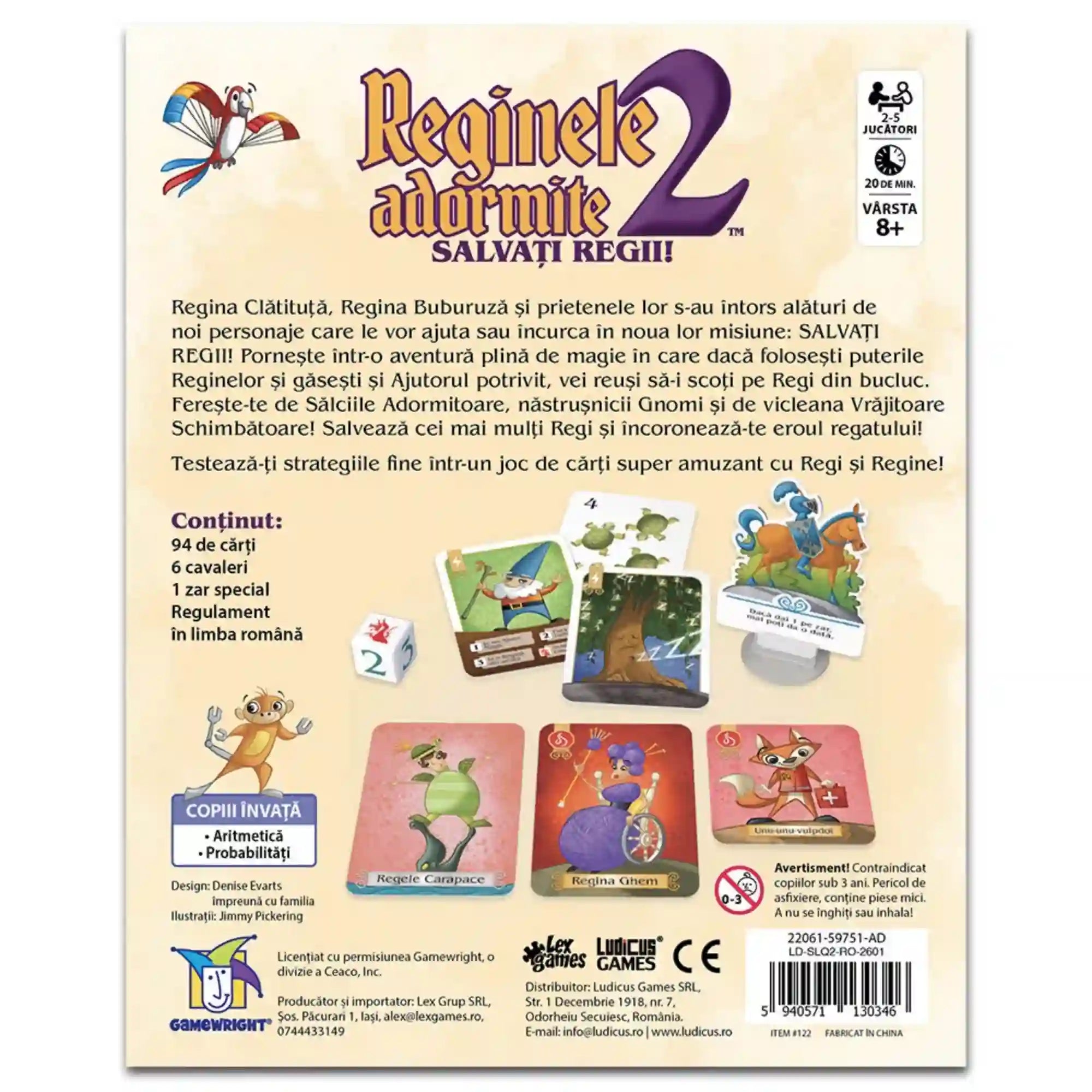 Reginele adormite 2: Salvați regii! társasjáték dobozának hátoldala román nyelvű játékleírással, a játék tartalmának felsorolásával és a színes kártyák, dobókocka és egyéb játékelemek képeivel.