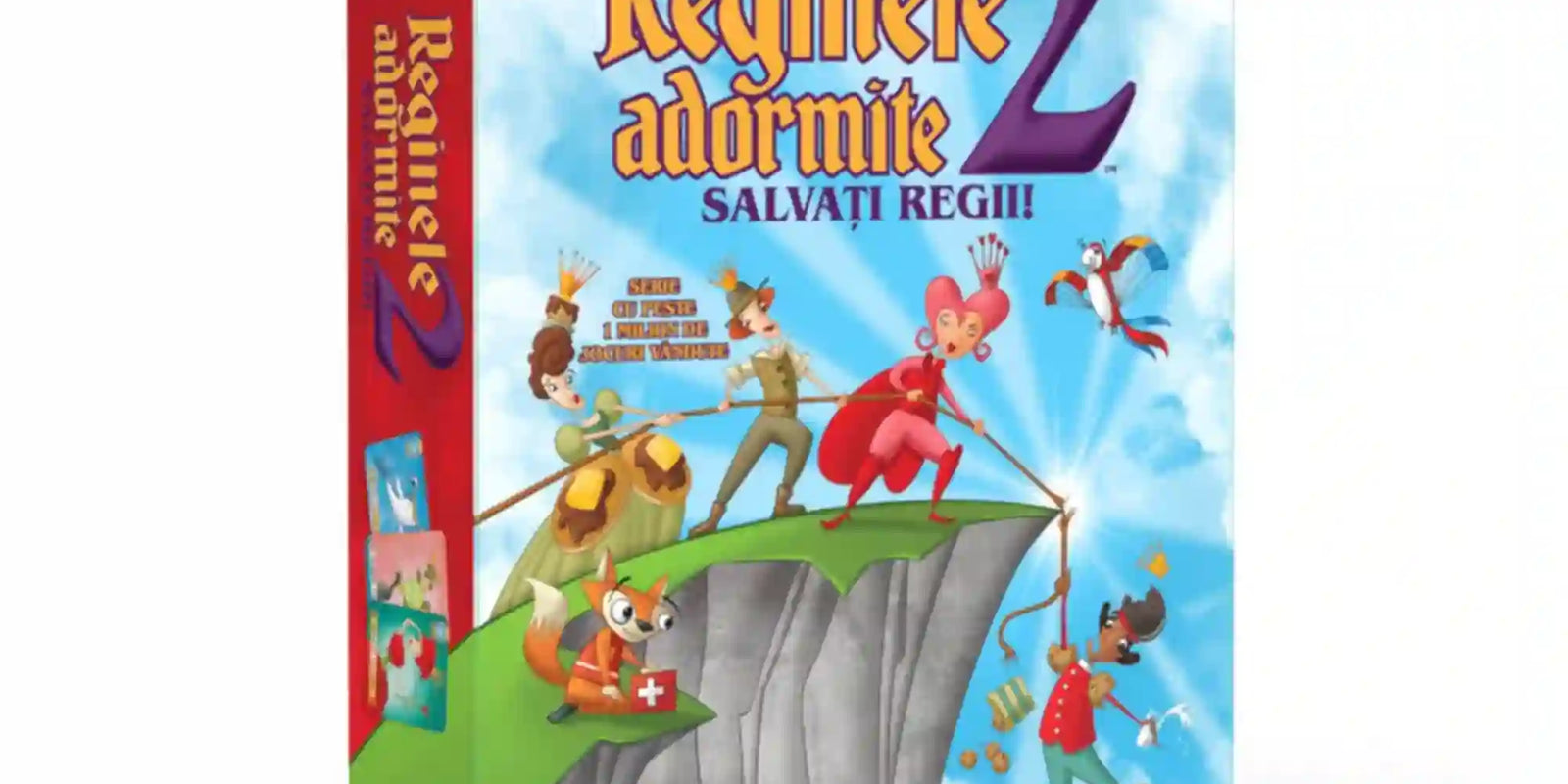 Reginele adormite 2: Salvați regii! társasjáték doboza fehér háttéren, a borítón színes mesefigurákkal, királynőkkel, rókával és egy sziklaszirten zajló kalandos jelenettel.