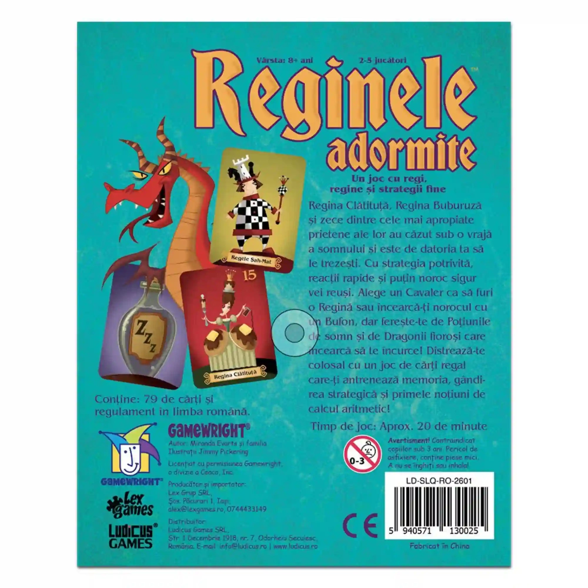 Reginele adormite társasjáték dobozának türkiz hátoldala, sárkányt, király- és királynőkártyákat, altatóitalt, valamint román nyelvű játékleírást és termékinformációkat ábrázolva.