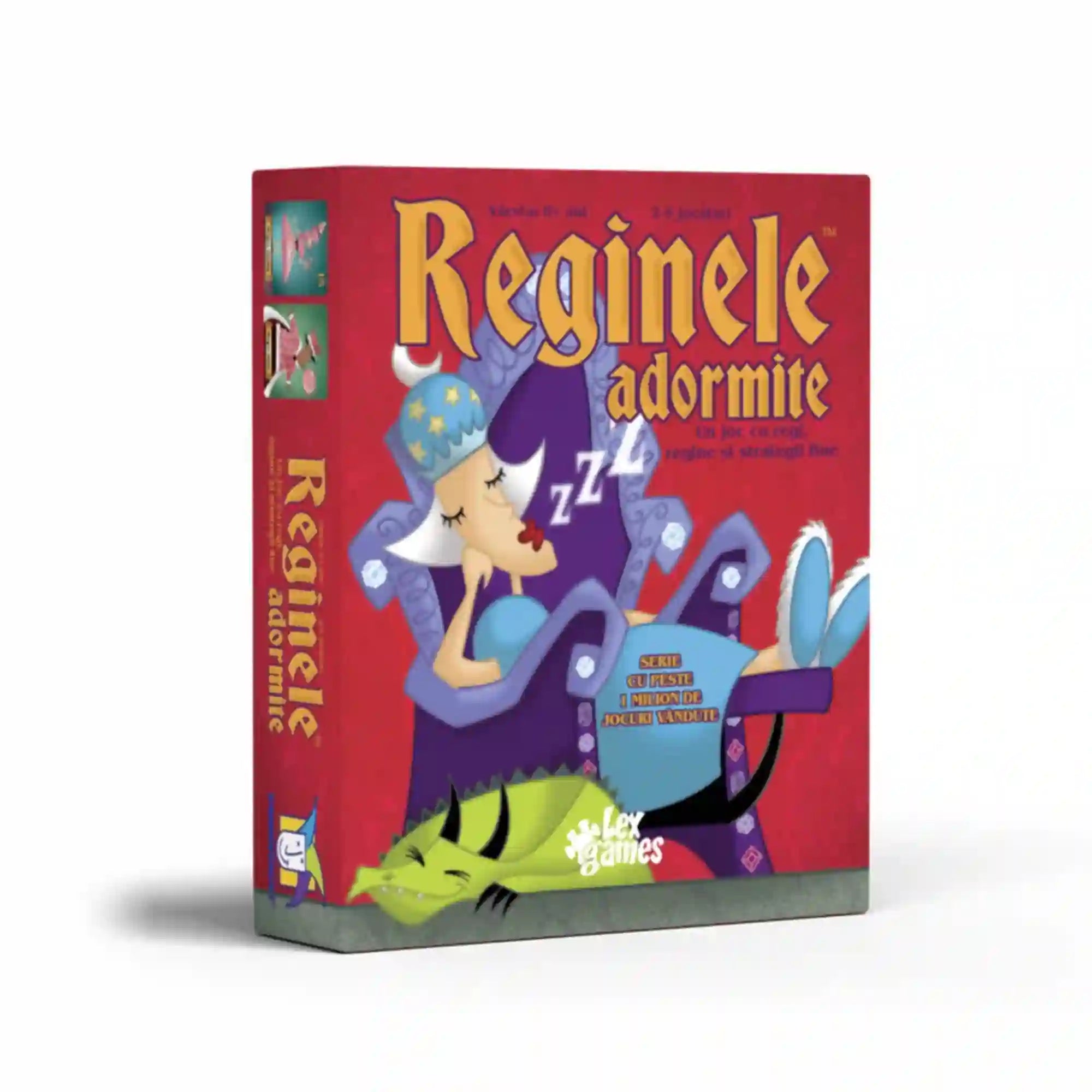 Reginele adormite társasjáték piros doboza fehér háttéren, az elején egy trónon alvó királynő és egy zöld macska színes illusztrációjával.