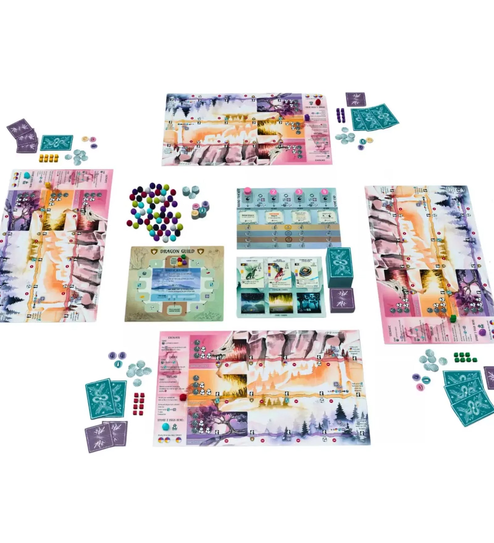 A játék összetevői, köztük a gyönyörűen illusztrált játéktábla, kártyák, tokenek és dobókockák, amelyeket a sárkányok világában való kalandozáshoz használhatsz.