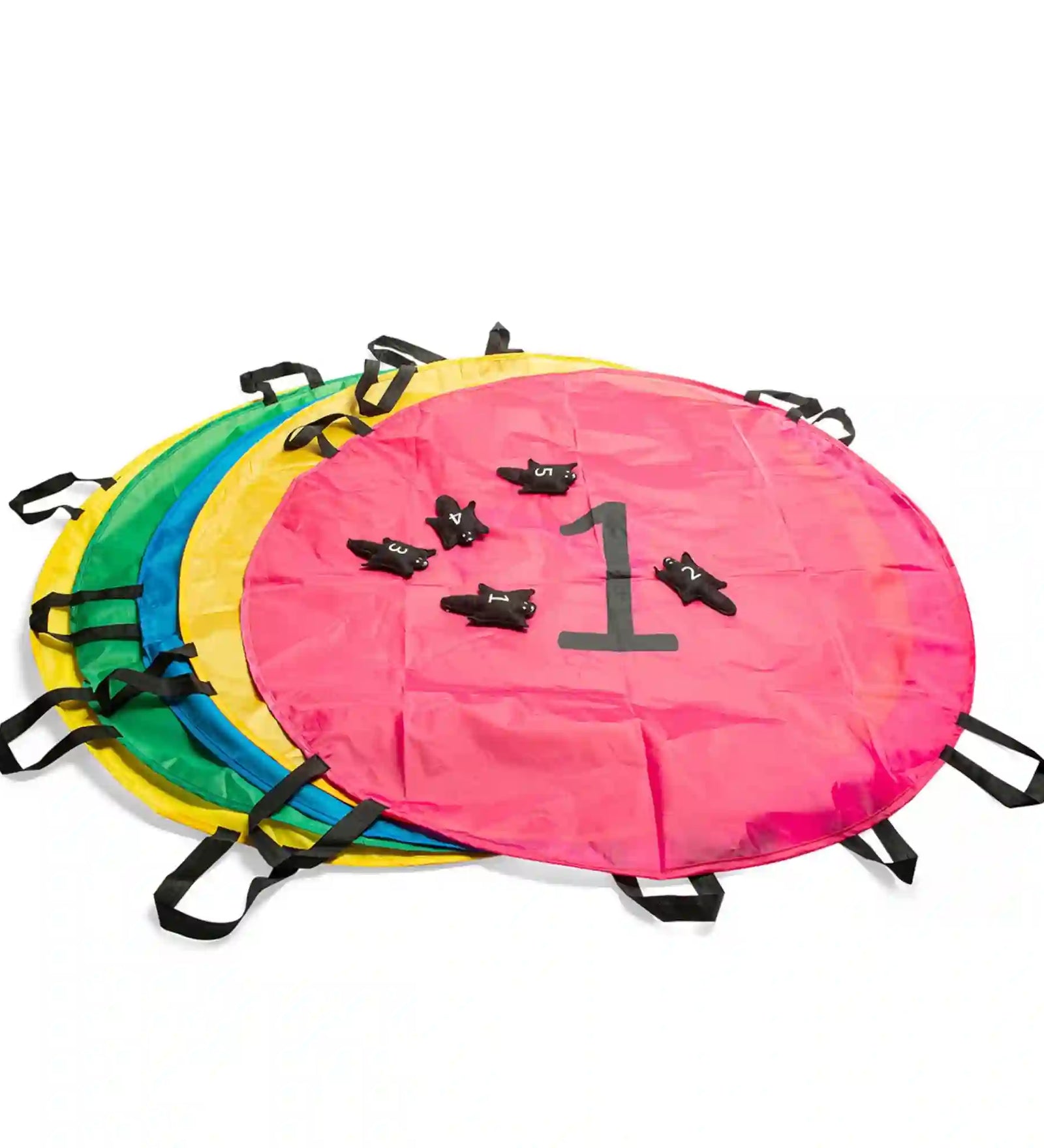 A BS Toys Squirrel Parachutes ügyességi játék színes ejtőernyői és számozott mókusfigurái.