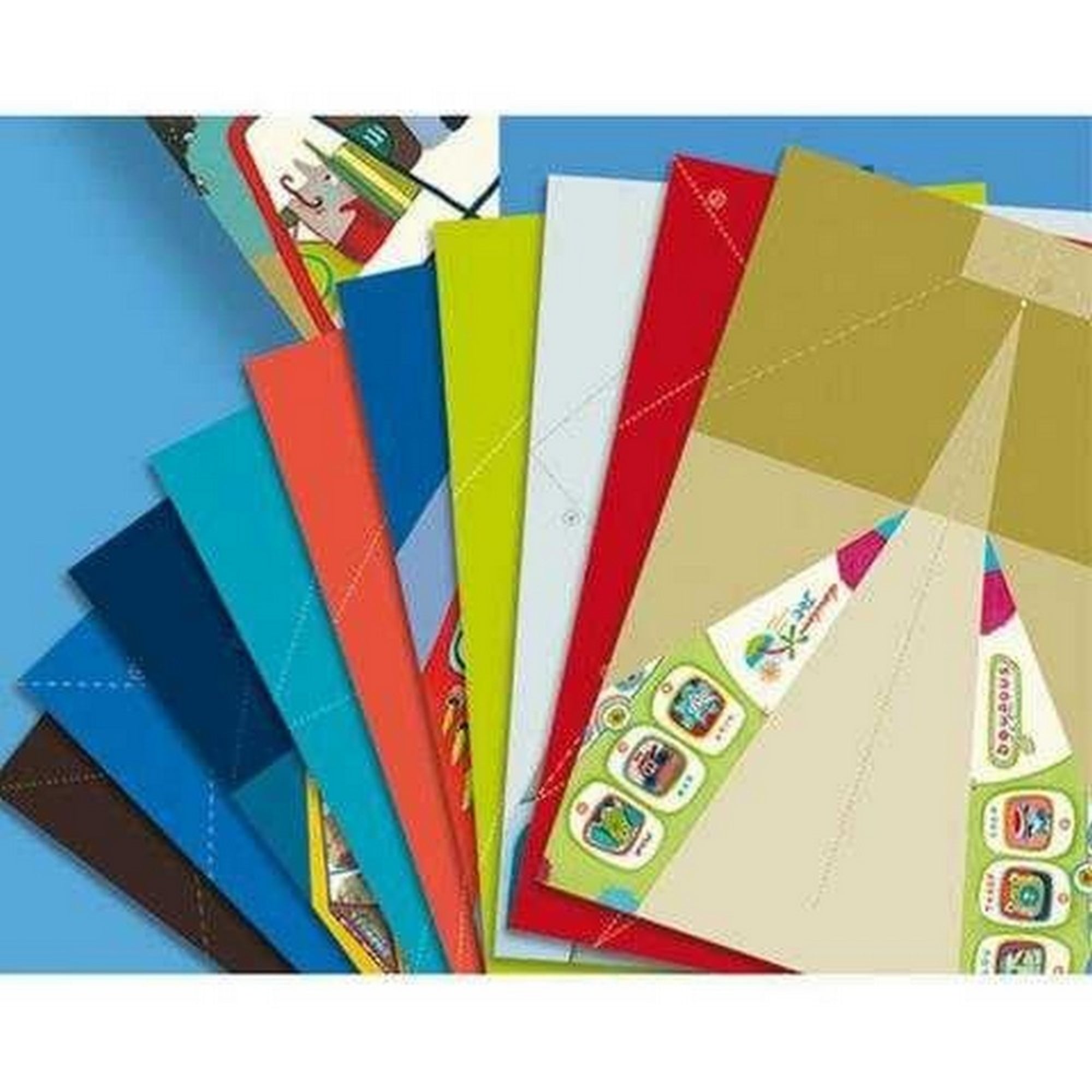 Djeco Origami Avions papírrepülő készlet színes, előre mintázott lapokkal, hajtogatáshoz előkészített ívekkel.