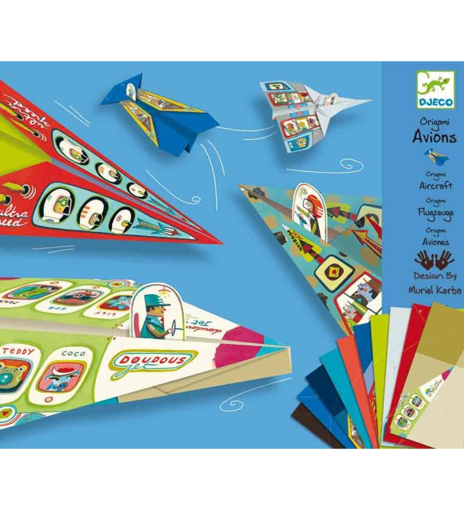 Djeco Origami Avions papírrepülők különböző mintákkal, összehajtva és repülés közben ábrázolva.