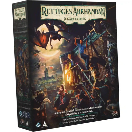 A Rettegés Arkhamban: A kártyajáték dobozképe, amely egy sötét, lovecrafti hangulatú jelenetet ábrázol. A nyomozók egy arkhami háztetőn próbálnak menekülni a holdfényben megjelenő rémisztő szörnyek és természetfeletti lények elől. A kooperatív horror társasjáték doboza jól tükrözi a nyomozás, a túlélés és a kozmikus rettegés világát.