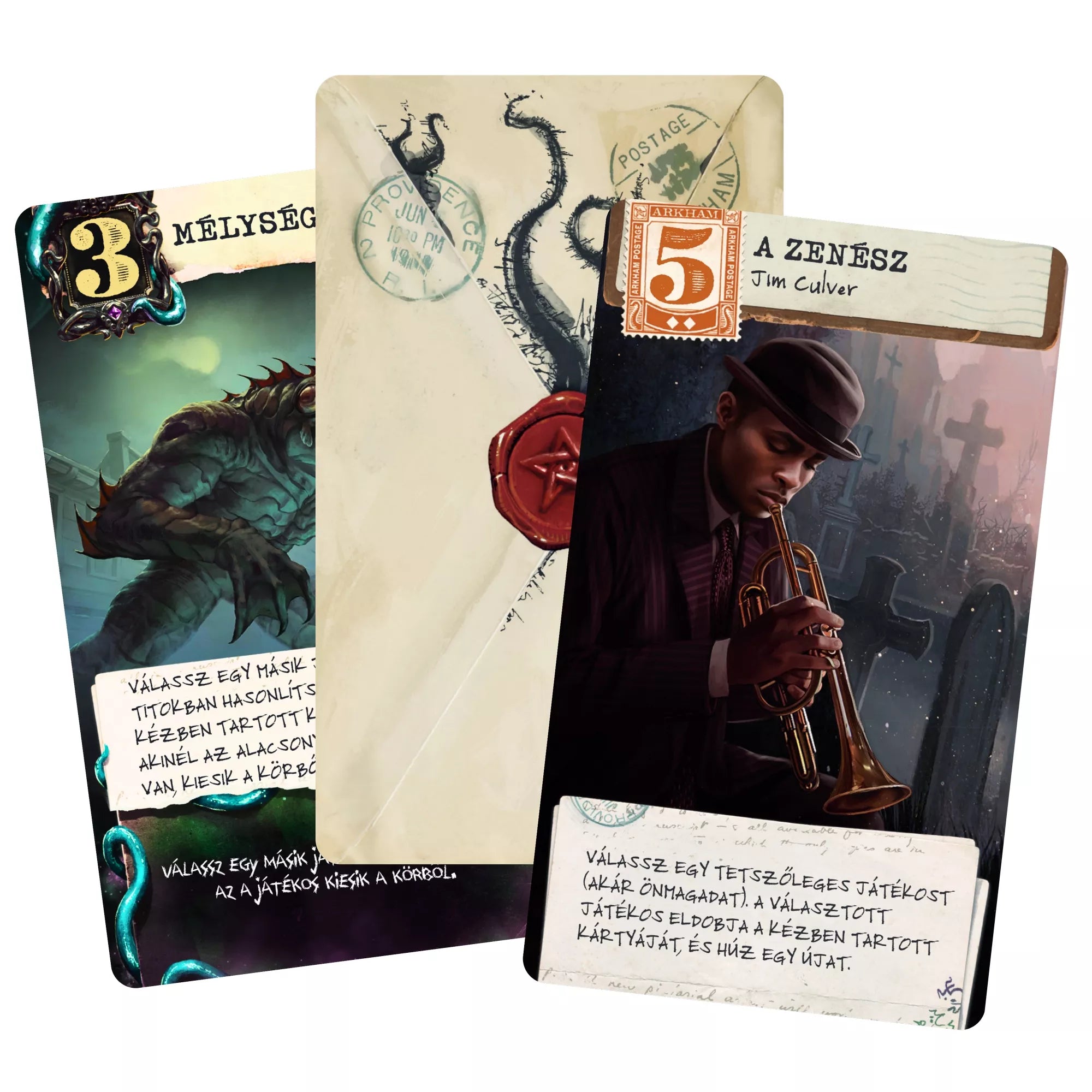 Rettegés Arkhamban: Lovecraft Levél kártyák közelről, Mélység lap, A zenész és boríték dizájn Lovecraft világából