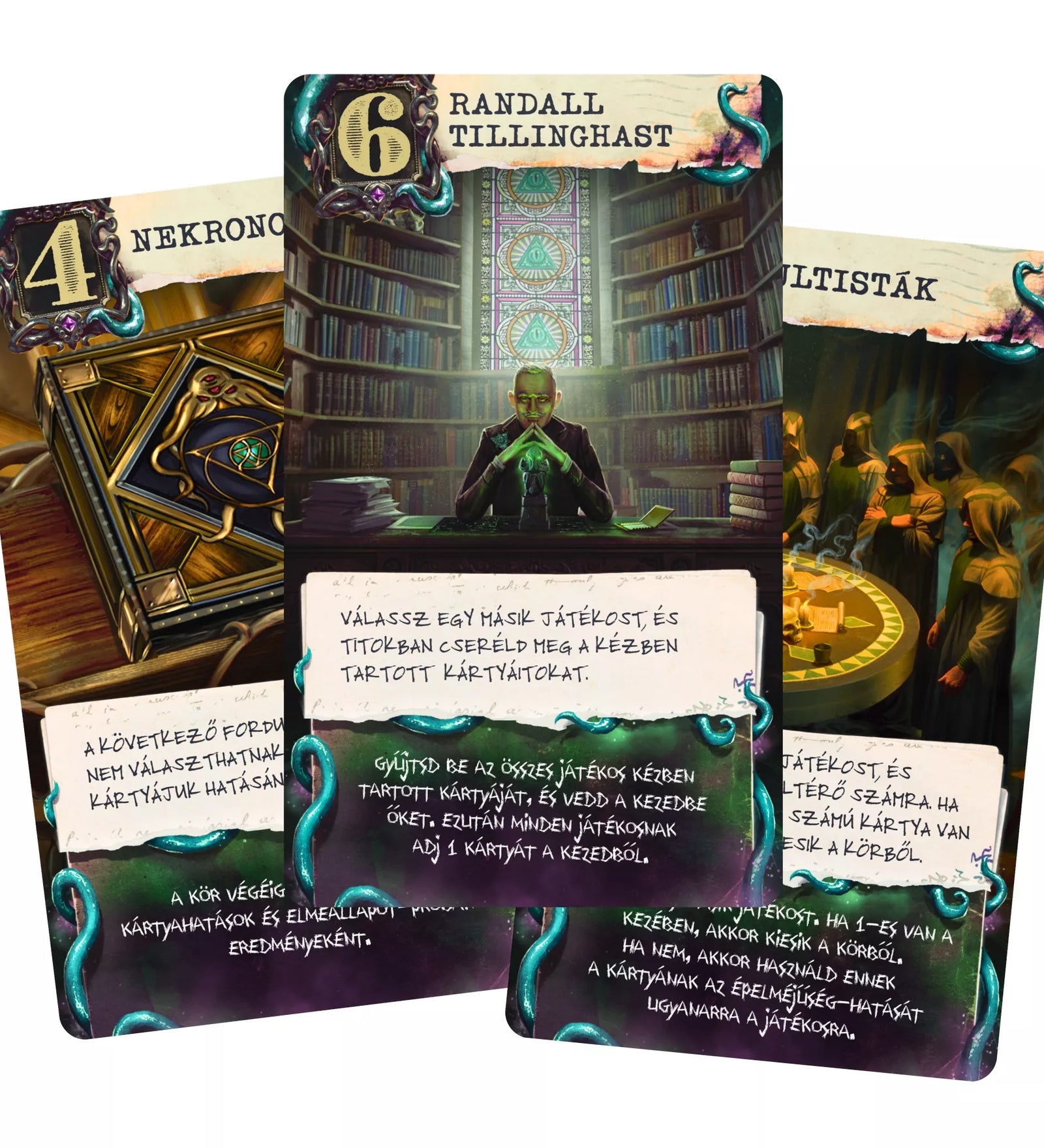 Rettegés Arkhamban: Lovecraft Levél játékkártyák, Randall Tillinghast, kultisták és Necronomicon lapok részletgazdag illusztrációval