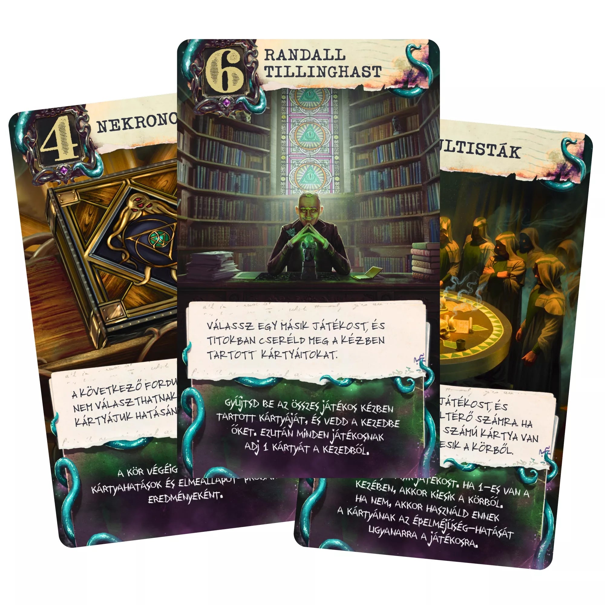 Rettegés Arkhamban: Lovecraft Levél játékkártyák, Randall Tillinghast, kultisták és Necronomicon lapok részletgazdag illusztrációval