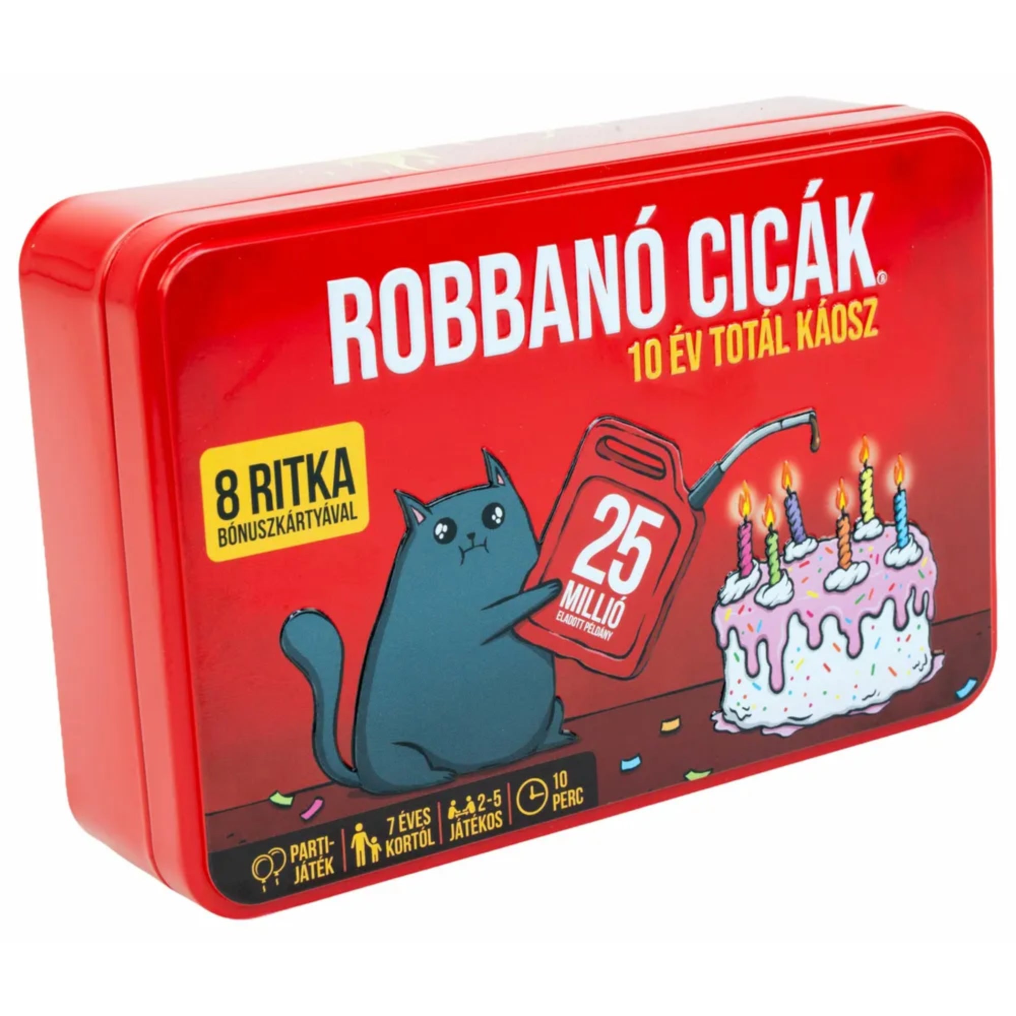 Robbanó cicák – 10 év totál káosz jubileumi kiadás nyitott fémdoboza, benne a Bónusz-kártyák csomaggal.